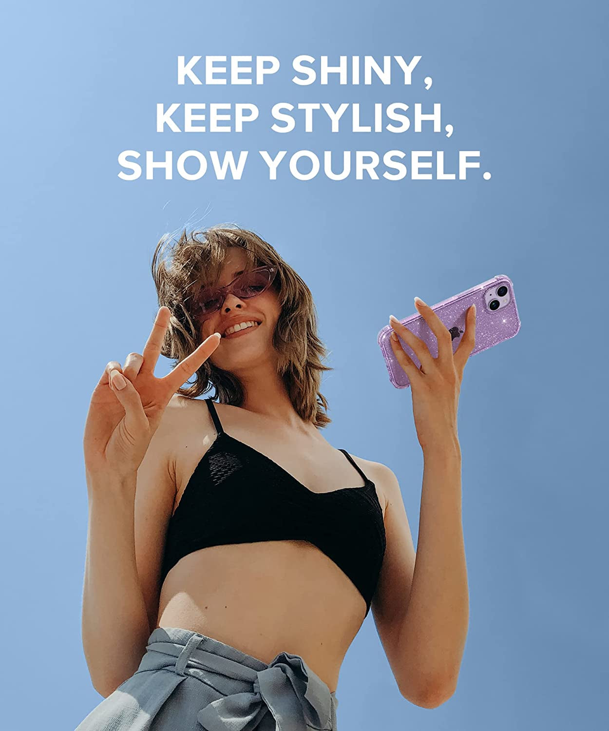 BERFY for Iphone 14 Case Glitter, with 2X Screen Protector + 2X Camera Lens Protector, [Not Yellowing] Sparkly Crystal Shockproof Hard Back Slim Protective Phone Cover for Women Girls (Clear Purple)  BERFY   