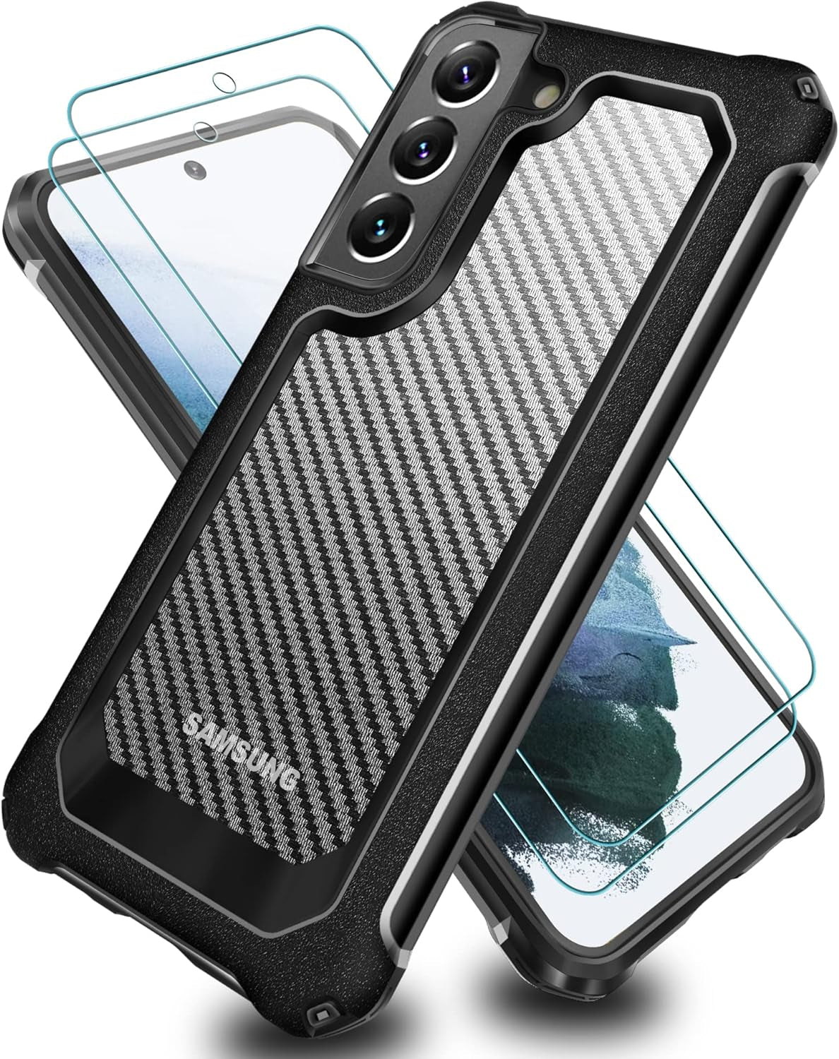 SUPBEC Galaxy S21 Case, Carbon Fiber Shockproof Protective Cover with Screen Protector [X2] [Military Grade Protection] [Scratch Resistant & Anti-Fingerprint], Samsung Galaxy S21 Case, 6.2", Black  SUPBEC   