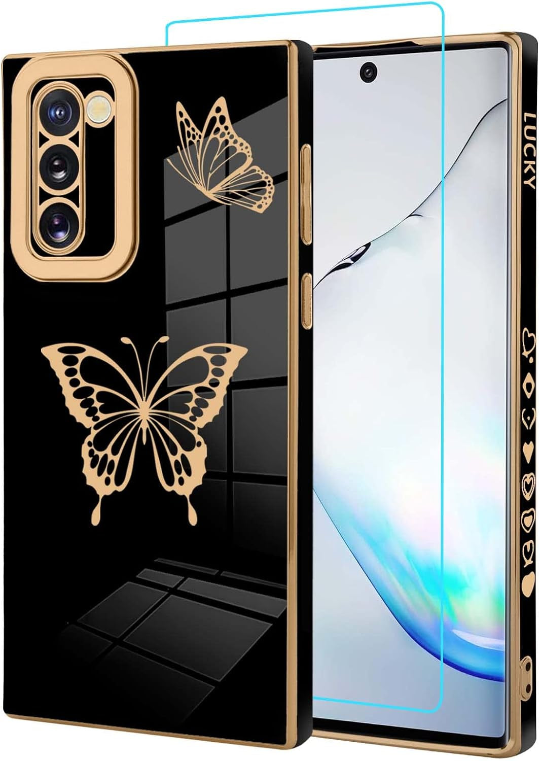 Jefonha for Samsung Galaxy Note 20 Ultra 6.9 Inch Plating Cute Butterflies Cover with Screen Protector Cute Side Pattern Soft TPU Shockproof Full Camera Lens Protection Electroplated Case - Black  Jefonha Samsung Galaxy Note 10 Samsung Galaxy Note 10 6.3 Inch 