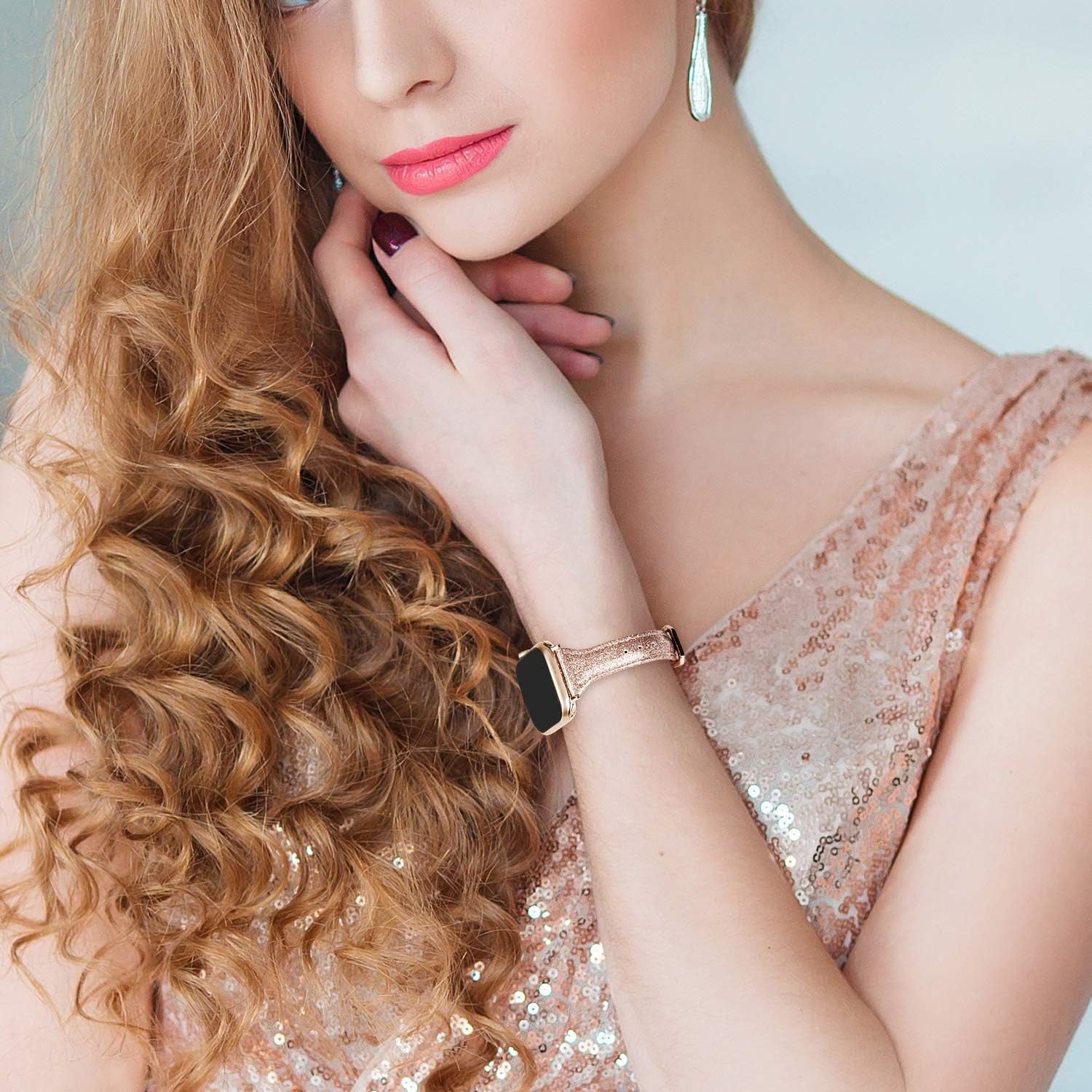 Wearlizer Rose Gold Leather Compatible with Apple Watch Leather Bands 38Mm 40Mm 41Mm Womens for Iwatch Series 8 7 6 5 4 3 2 1 SE Shiny Slim Smooth Wristband Bling Glitter Strap (Gold Clasp)  Wearlizer   