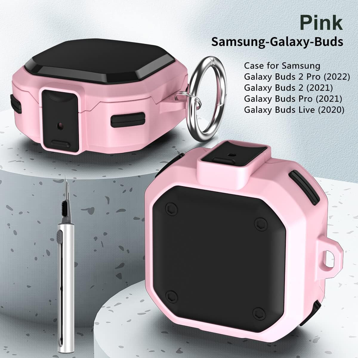[With Lock] for Samsung Galaxy Buds2 Pro/Galaxy Buds 2/Galaxy Buds Pro/Galaxy Buds Live Case with Cleaning Pen Kit and Keychain Men Women Protective Armor Case Cover for Samsung Earbuds Case (Pink)  YQGFashbf04   