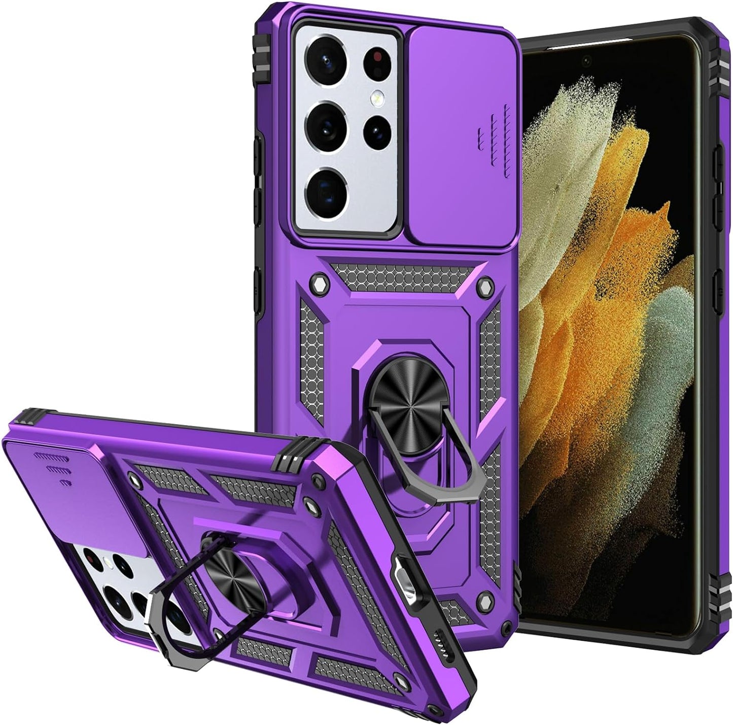 S21 Ultra Case,Samsung Galaxy S21 Ultra Case,With Camera Cover,[Military Grade] 16Ft.Drop Tested Cover with Magnetic Kickstand Protective Case for Galaxy S21 Ultra 6.8 Inch, Black  SKMY Purple  