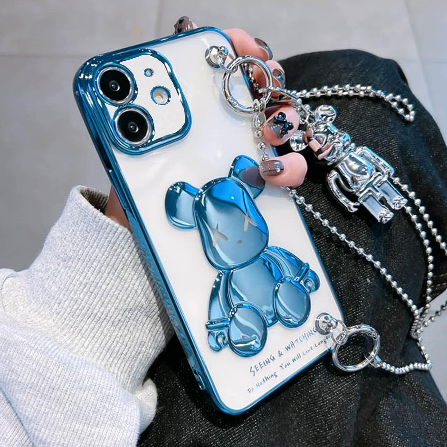 Aartvark Tees Cute Case for Iphone 13, Cartoon Silver Teddy Bear Sparkle Bling Cover with Metal Chain Strap Bell Pendant, Fashion Soft TPU Shockproof, Phone Case Suitable for Women & Girls  aartvark tees Blue Bear For Iphone 11 6.1" 