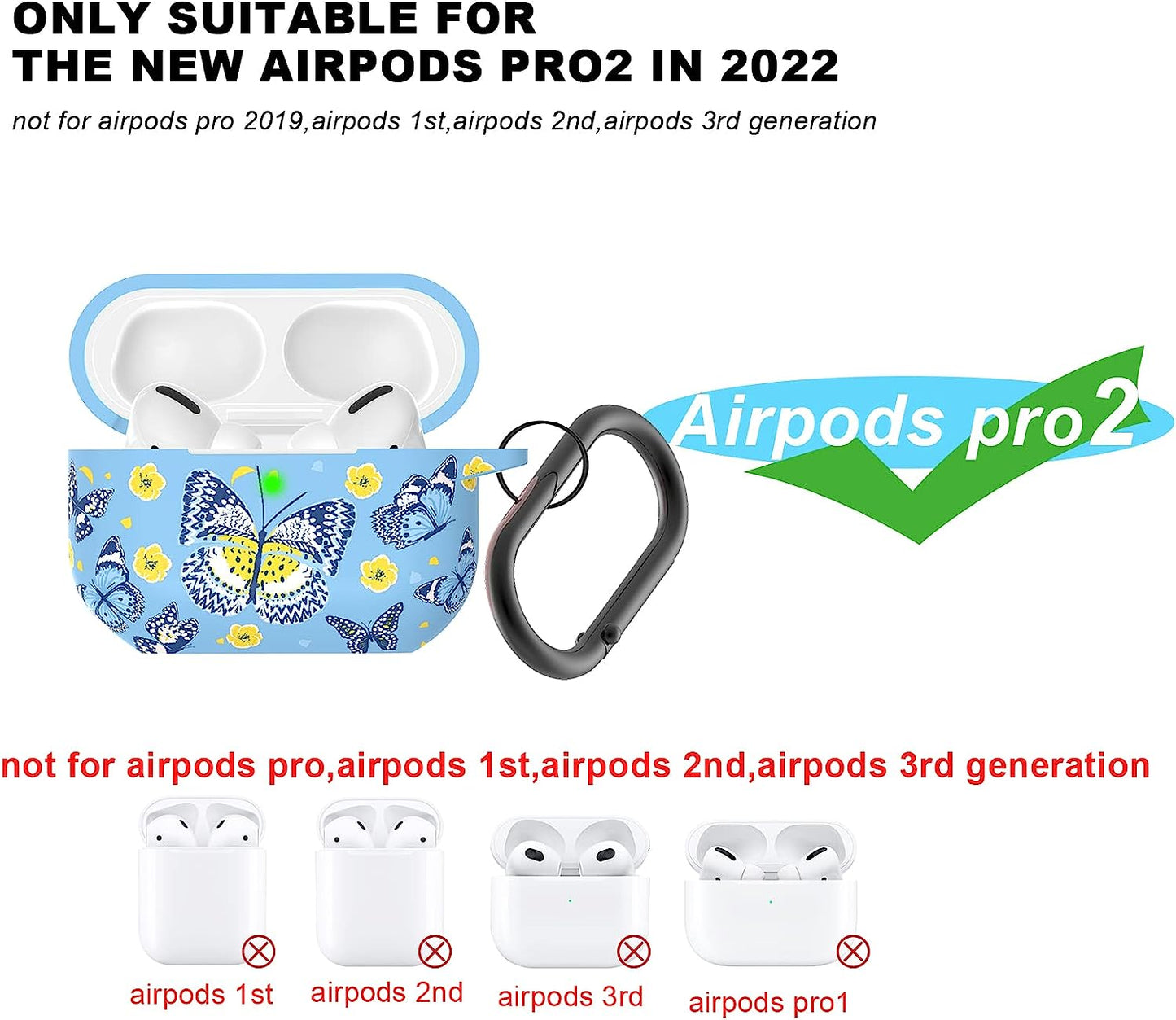 AGAOSH for Airpods Pro 2Nd Generation Case Cover,Cute Blue Butterfly Flowers Print Soft Silicone Skin Cover Protective Case with Keychain for New Apple Airpods Pro 2 Case 2022 Blue Butterfly  AGAOSH   