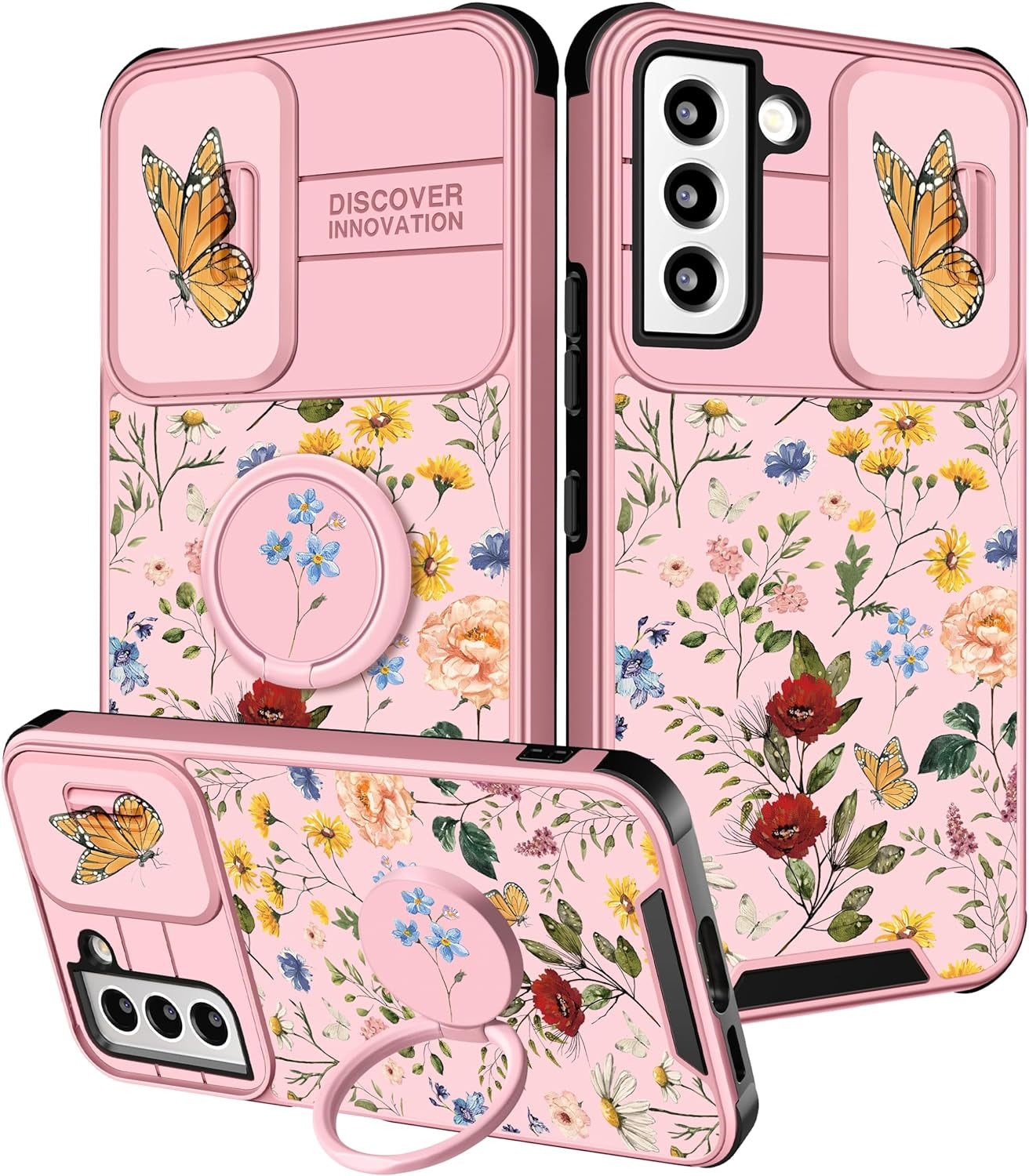Funermei (2In1 for Samsung Galaxy S22 Case for Girls Women Cute Butterfly Cover Girly Aesthetic Black Pretty Fashion Design with Camera Cover and Ring Stand Funda for Galaxy S22 Phone Cases  Funermei 2-For Vintage Flower  