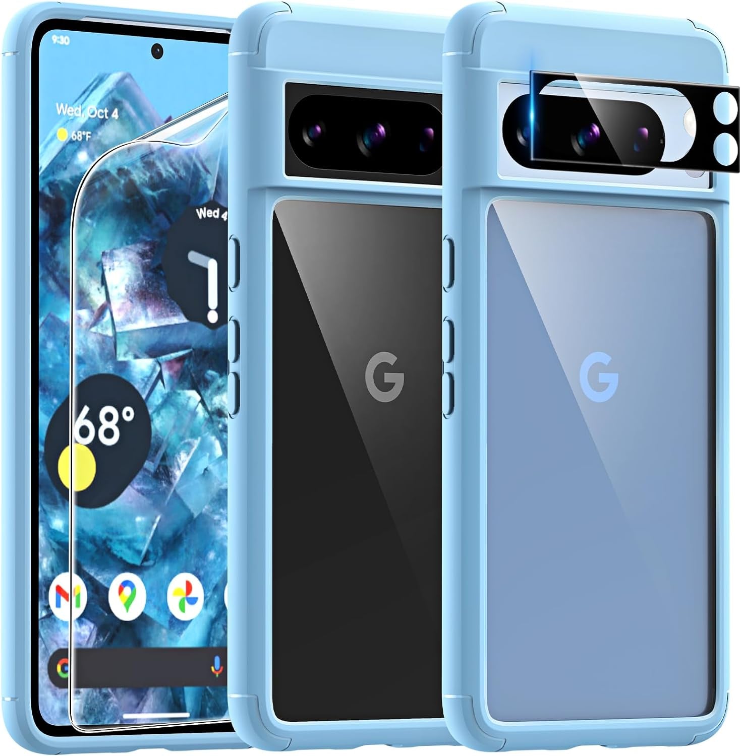 TAURI for Google Pixel 8 Pro Case, [5 in 1] 1X Clear Case [Not-Yellowing] with 2X TPU Film Screen Protector + 2X Camera Lens Protector, [Military Grade Protection] Slim Case for Pixel 8 Pro  TAURI Light Blue For Pixel 8 Pro 6.7" 