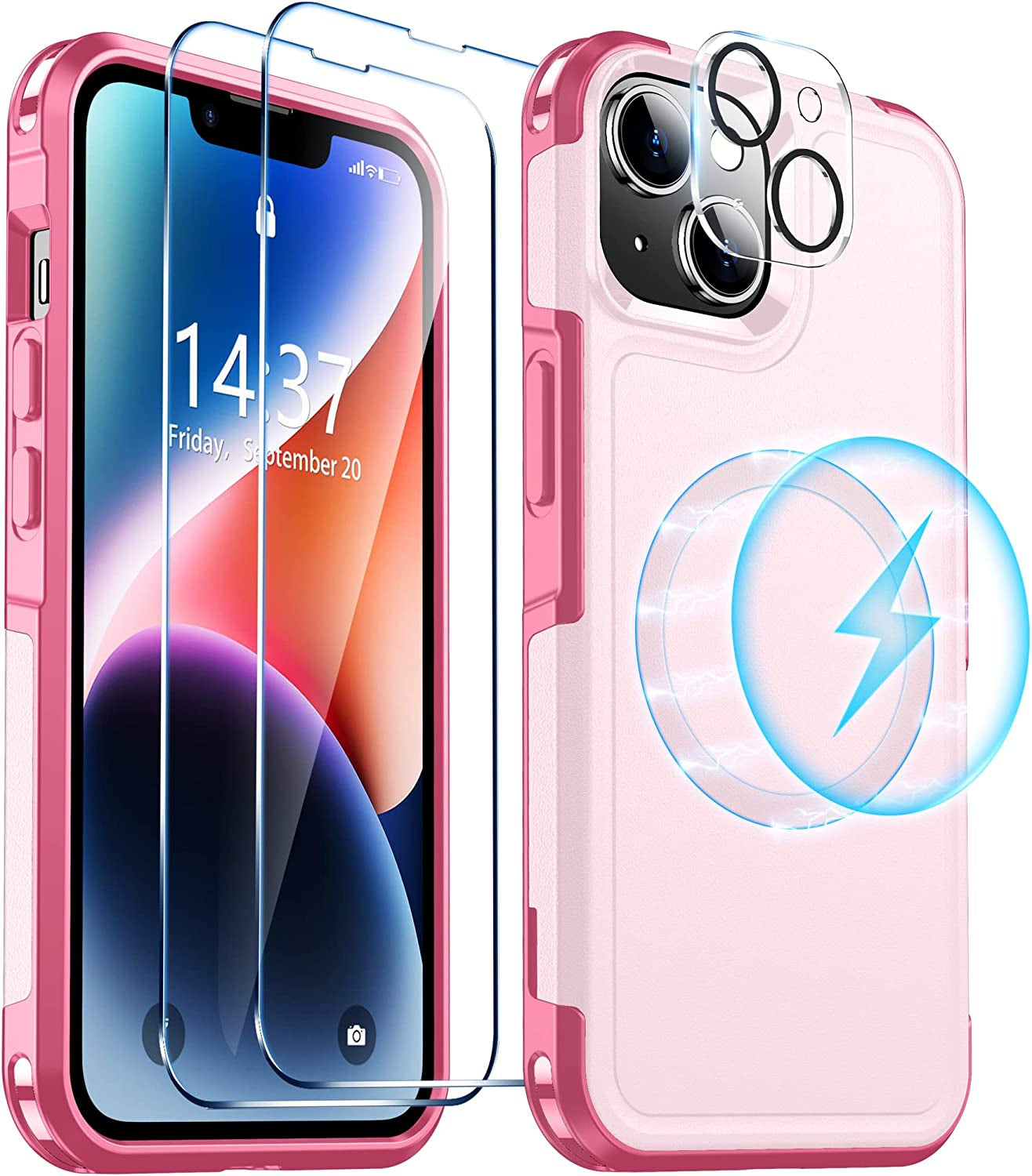 Red2Fire Magnetic for Iphone 14 plus Case [Compatible with Magsafe][Military Grade Drop Protection][Glass Screen Protector+Camera Lens Protector] Heavy Duty Shockproof Phone Case 6.7"-Black  Red2Fire Pink  