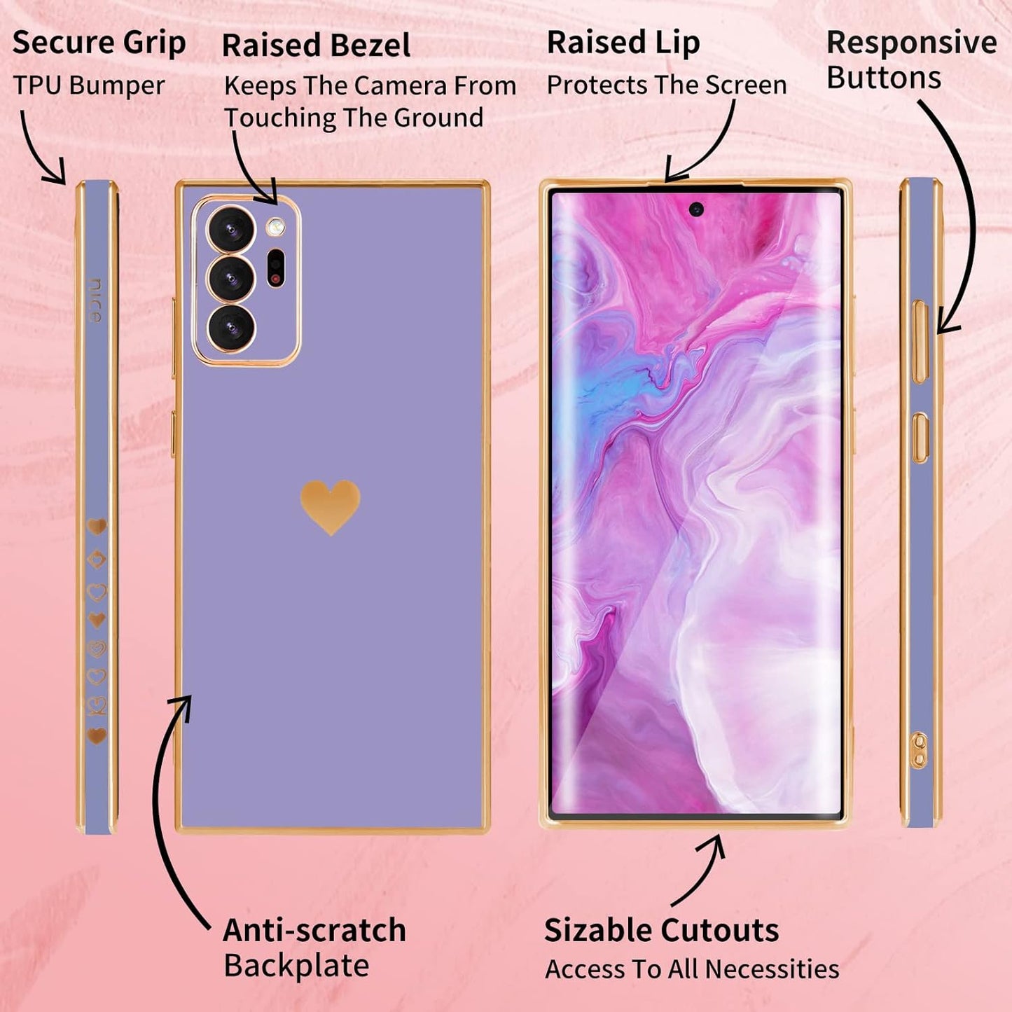 Shorogyt (3In1 Heart Case for Samsung Galaxy Note 20 Ultra 5G/4G 6.9 Inch Women Cute Aesthetic Love Hearts Pattern Girls Dark Blue Gold Luxury Girly Design Cases Cover+Screen+Chain for Note20 Ultra  qunxiner   