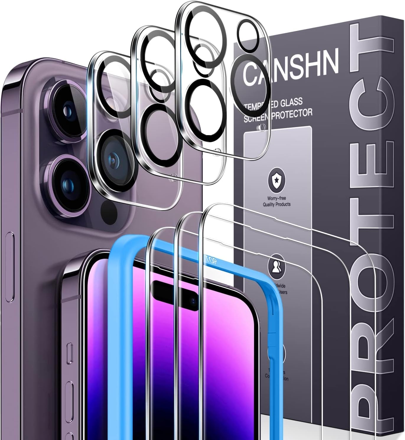 CANSHN 3 Pack Screen Protector for Iphone 11 [6.1 Inch] + 3 Pack Tempered Glass Camera Lens Protector with Easy Installation Frame, Anti-Scratch, Case Friendly, 9H Hardness, HD Clear Film [6 Pack]  CANSHN Iphone 14 Pro Max 6.7 Inch  