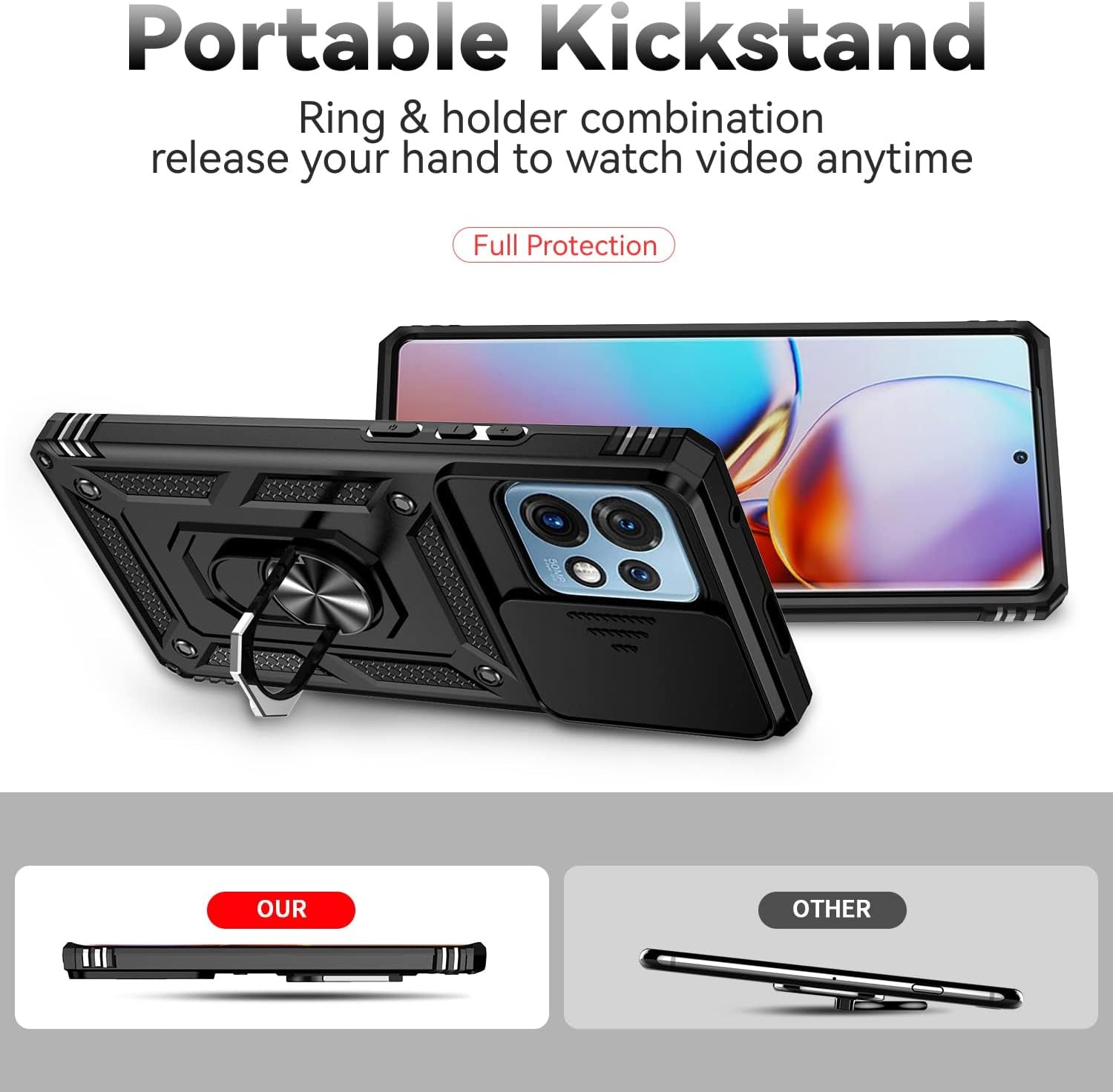 For Motorola Edge plus 2023 Case W/ Slide Camera Cover HD Screen Protector [Military Grade 16Ft. Drop Tested] Magnetic Ring Holder Kickstand Protective Phone Case for Motorola Edge+ plus 2023, Black  PUSHIMEI Co., Ltd.   