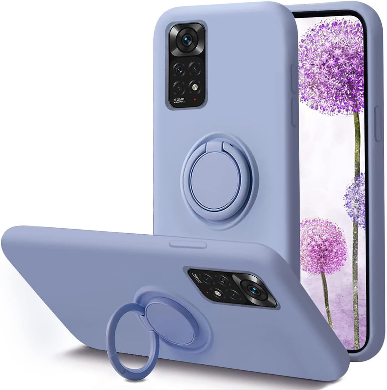 Case for Xiaomi Poco M4 Pro 5G Silicone Liquid,Soft Gel Microfiber Lining Cushion Bumper for Xiaomi Poco M4 Pro 5G with Ring Holder Kickstand Support Magnetic Case Black  Leton Purple  