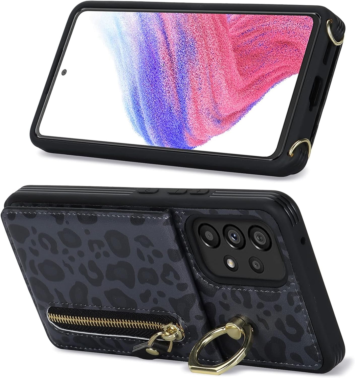 Jaorty Samsung Galaxy A53 5G Phone Case for Women with Card Holder,Samsung A53 Case Wallet Crossbody Lanyard with Strap,Credit Card Slots Kickstand Case with Ring Holder,6.5 Inch,Black Leopard  Jaorty   
