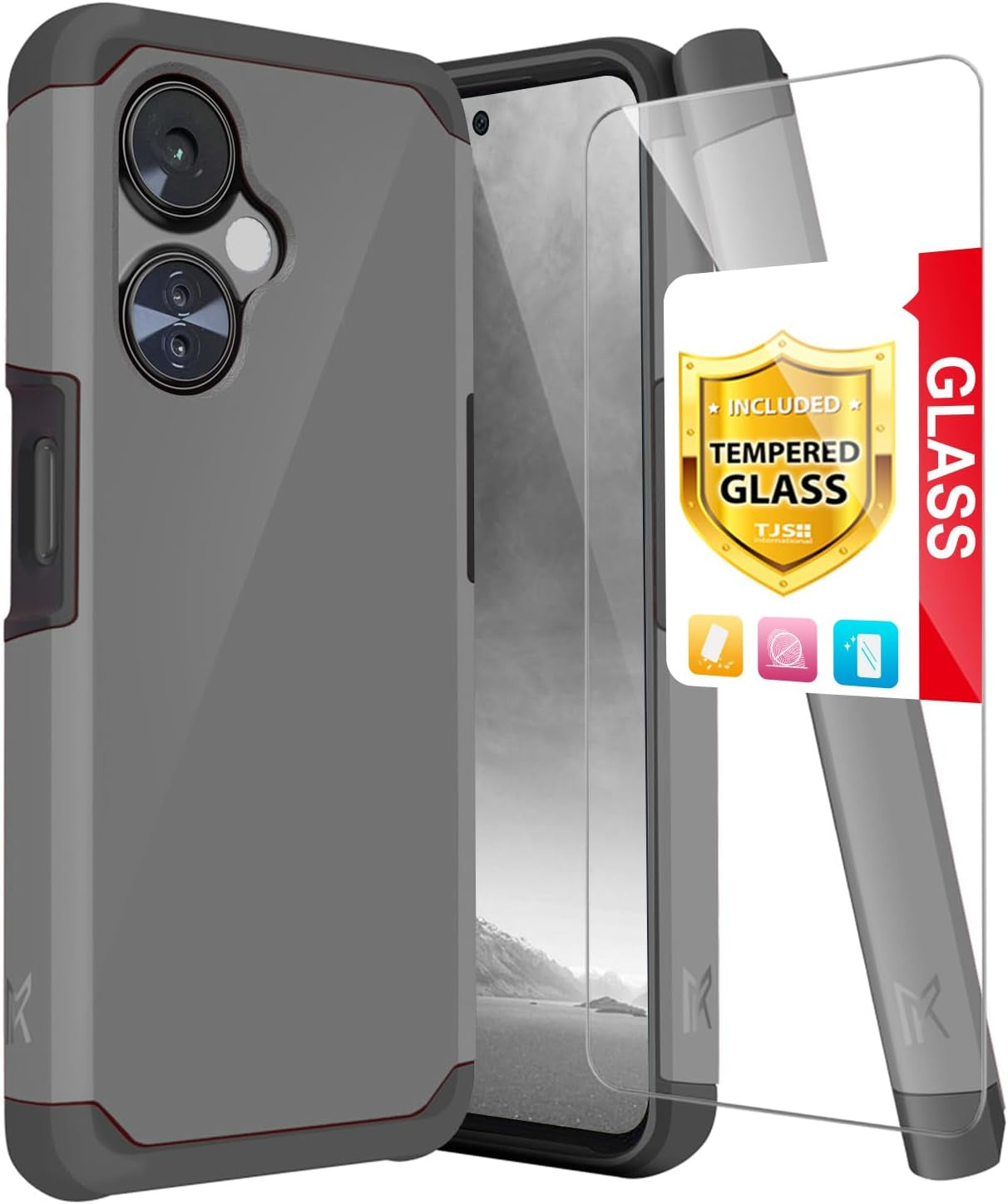 TJS Compatible for Oneplus Nord N30 5G Case, with Tempered Glass Screen Protector Dual Layer Hybrid (Magnetic Mount Friendly) Shockproof Drop Protection Impact Phone Case (Blue)  TJS Gray  