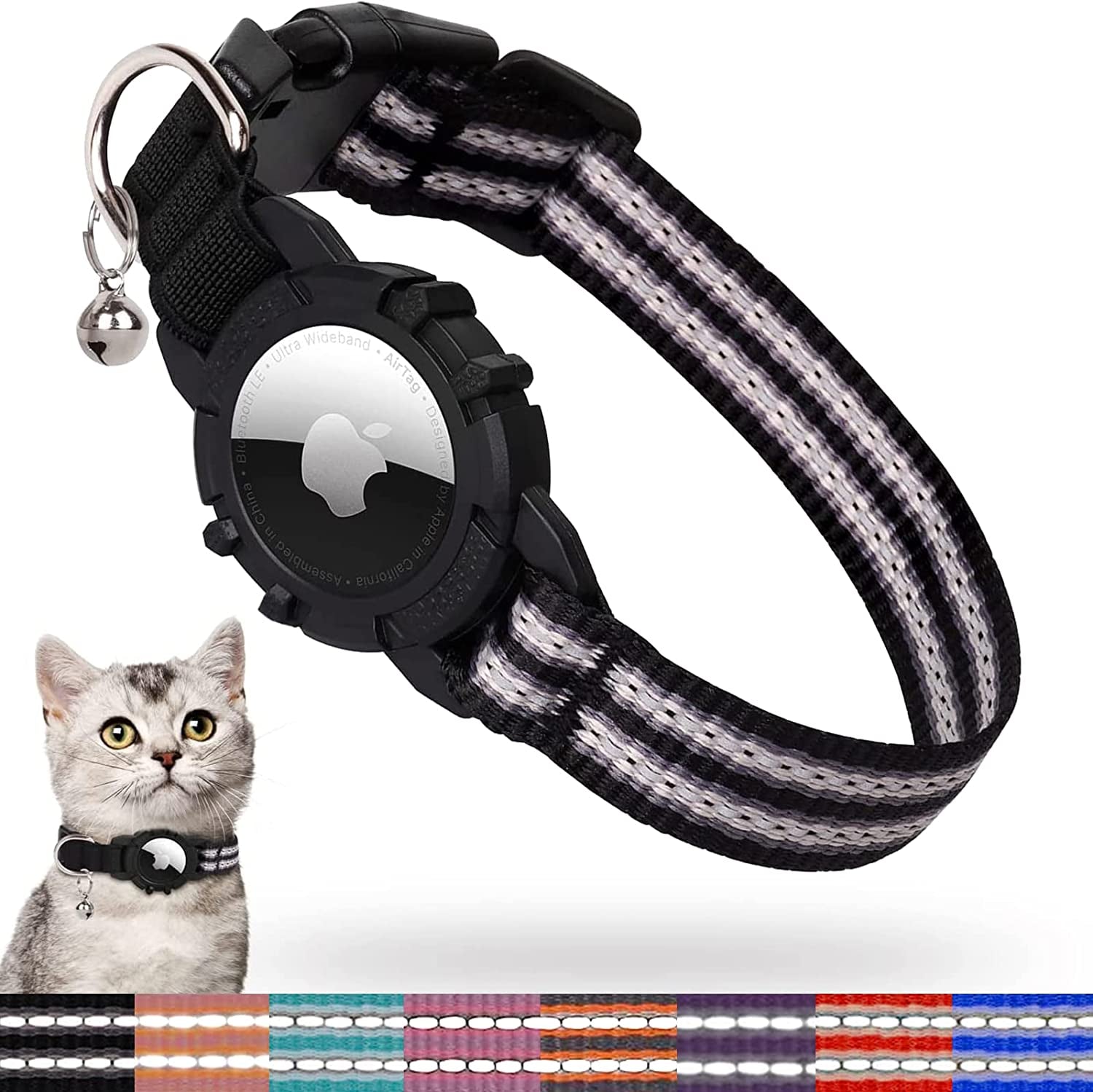FEEYAR Airtag Cat Collar,Integrated Kitten Collar with Apple Airtag Holder, Reflective GPS Cat Collar with Bell[Pink], Lightweight Tracker Cat Collars for Girl Boy Cats, Kittens and Puppies  FEEYAR Black 7-9 Inch 