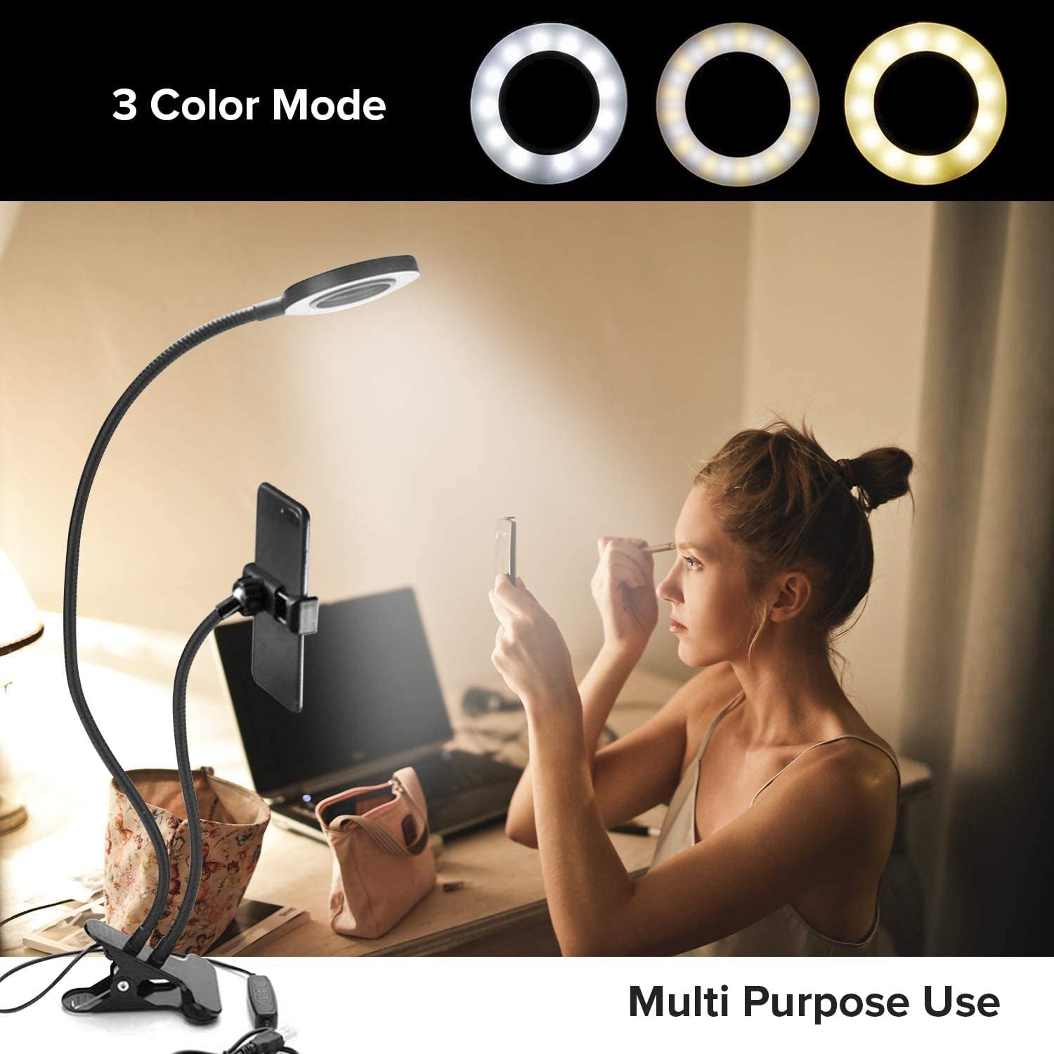 LS Photography Clip on Selfie Ring Light Stand with Phone Holder, Flexible Arms for Video Photography Desk Lamp Bedroom, LGG775  LS PHOTOGRAPHY   