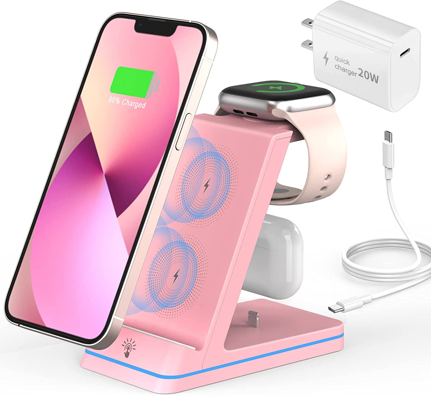 Charging Station for Apple Devices, 3 in 1 Wireless Charger Stand with 20W USB C Adapter Compatible with Iphone 14 13 12 11 Pro Max 8 XS XR, Fast Charging Stand Dock for Apple Watch Series & Airpods  HUIZHOU OJD TECHNOLOGY CO.,LTD Pink AirPods with Pin 