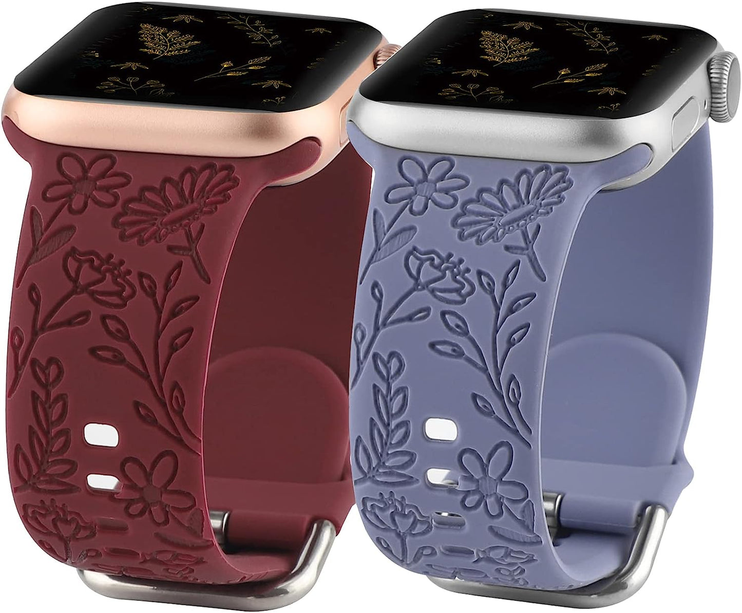 2 Pack Flower Engraved Sport Strap Compatible with Apple Watch Bands 38Mm 40Mm 41Mm, Women Floral Laser Soft Silicone Wristband Replacement Iwatch Series 8 7 6 5 4 3 2 1 SE  TERKOWQI Wine Red Blue 38/40/41mm 