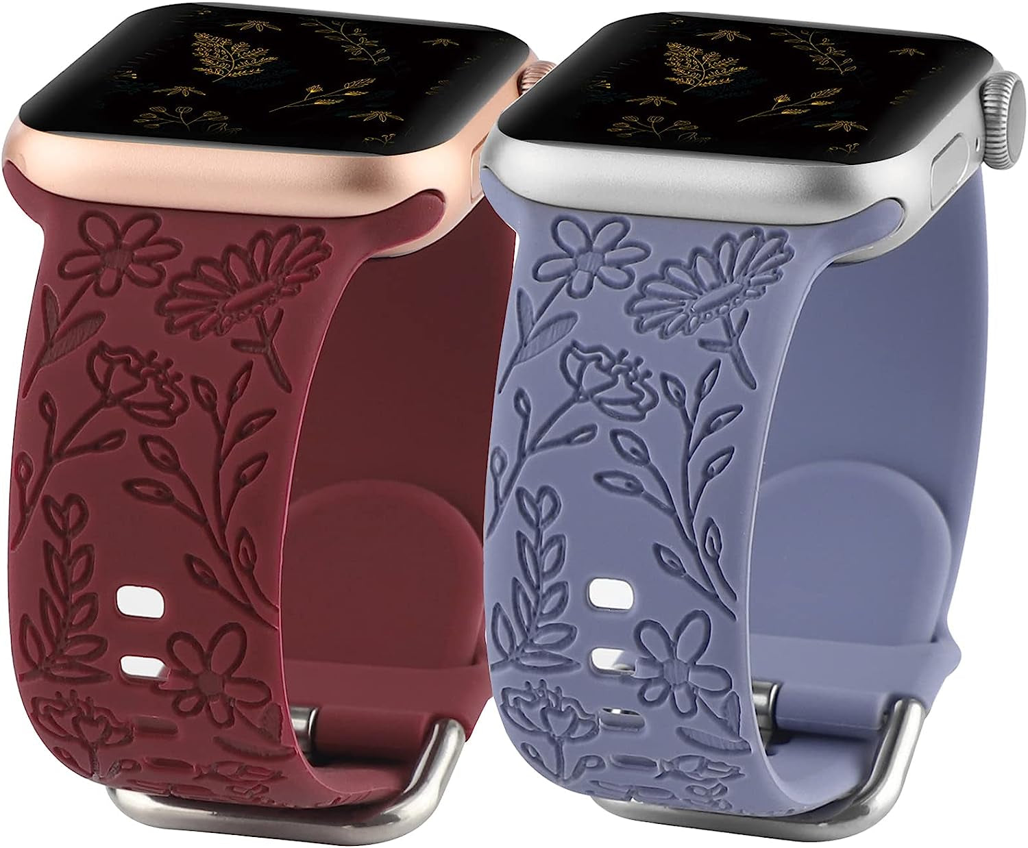 2 Pack Flower Engraved Sport Strap Compatible with Apple Watch Bands 38Mm 40Mm 41Mm, Women Floral Laser Soft Silicone Wristband Replacement Iwatch Series 8 7 6 5 4 3 2 1 SE  TERKOWQI Wine Red Blue 38/40/41mm 