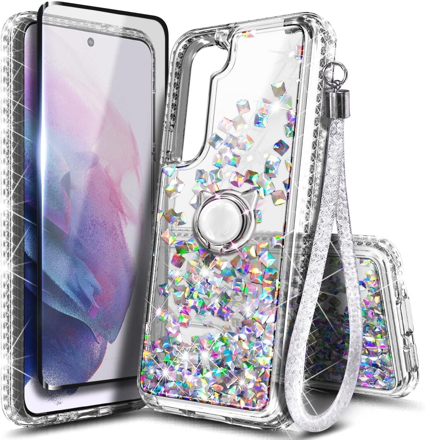 NGB Supremacy Compatible with Samsung Galaxy S22 plus Case (5G 6.6 Inch) with Screen Protector (Maximum Coverage, Flexible TPU), Ring Holder/Wrist Strap, Glitter Liquid Cute Case (Crystal Gem)  NGB Supremacy   