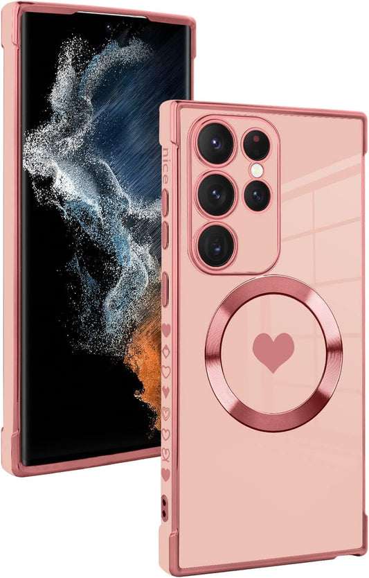 Fiyart Designed for Samsung Galaxy S22 Ultra Case Love Heart Design for Women Girls Soft TPU Plating Full Camera Lens Protection Phone Cover for Galaxy S22 Ultra 6.8"-Pink  Fiyart   
