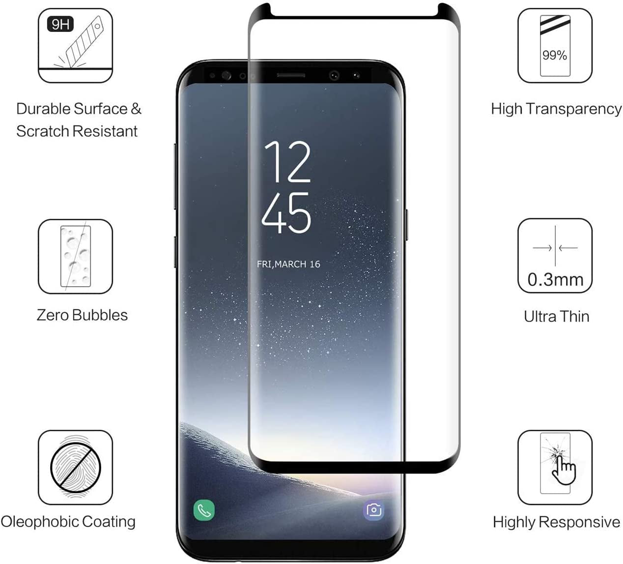 Micger Galaxy S8 Screen Protector 【2+2 Pack】 2 Pack Camera Lens Protector, Easy Installation, 3D Glass Curved Full Coverage 9H Hardness Tempered Glass Screen Protector for Samsung Galaxy S8  Micger   