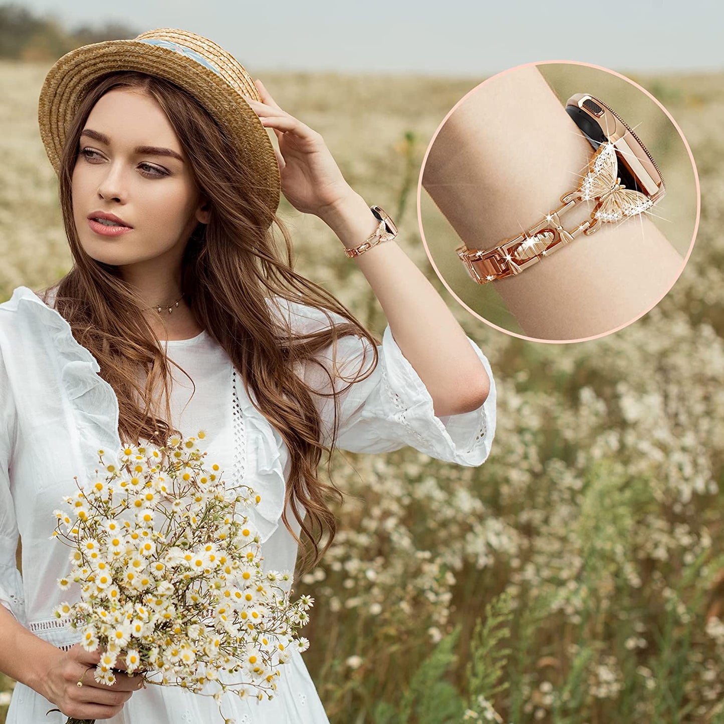 G-Ficu Galaxy Watch 4 Band 20Mm Butterfly Band for Samsung Galaxy Watch 5 & 4 Band 40Mm 44Mm, Women Bling Diamond Slim Band, Cute Luxury Metal Band for Watch 5 Pro/Watch 4 Classic 42Mm 46Mm/Watch 3 41Mm/Active 2(Rose Gold)  Green ficus   