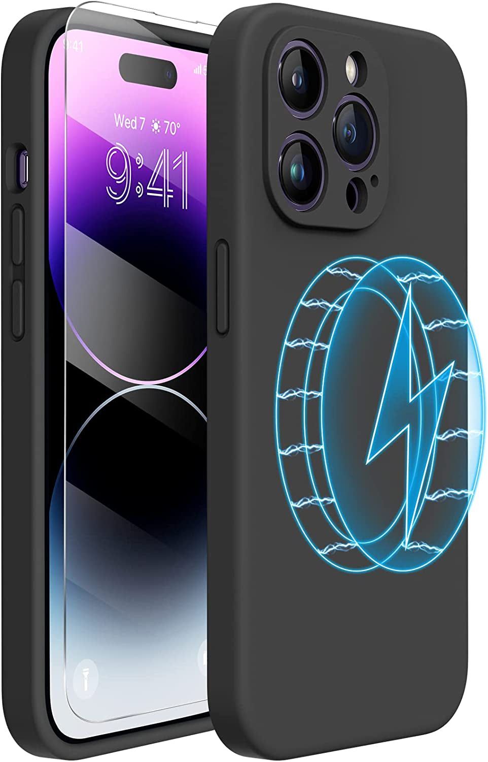 Miracase Designed for Iphone 14 Pro Case with Screen Protector, [Upgraded Camera Protection], Shockproof Liquid Silicone Rubber Phone Case Cover for 14 Pro 6.1 Inch (Alpine Green)  Miracase Black Magnetic  