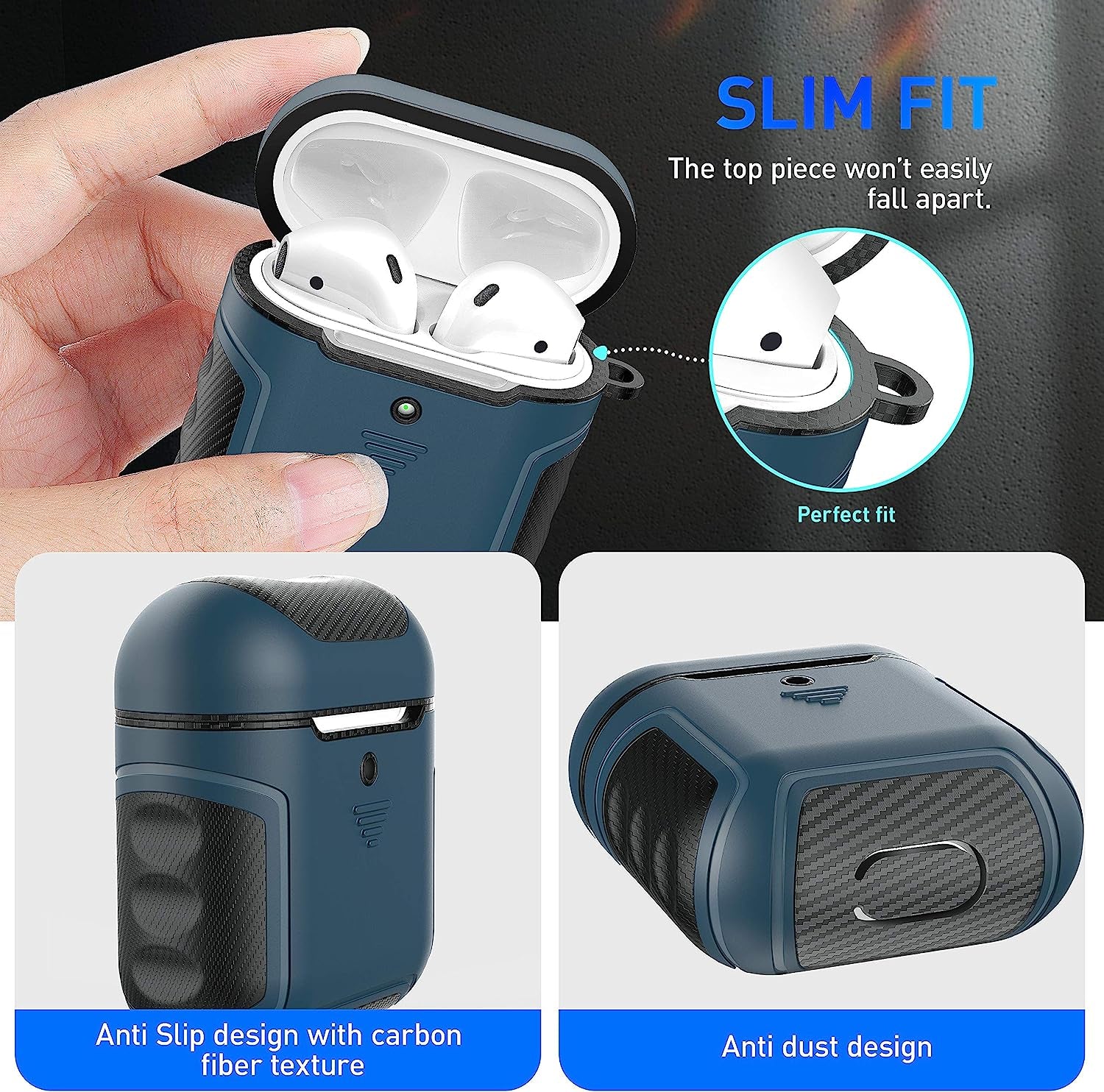 Designed for Airpods Cover Case,Oretech Designed for Airpods 1&Airpods 2 Cover Heavy Duty Hybrid 2 in 1 Protective Hard PC Soft TPU Carbon Fiber Case with Carabiner for Airpods 1&2 Cover- Aqua Blue  ORETECH   