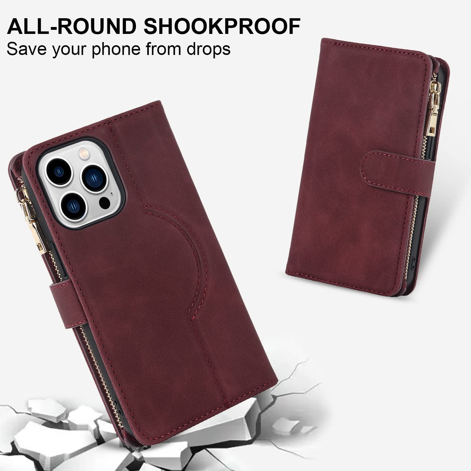 Ｈａｖａｙａ Iphone 13 Pro Max Case Wallet Magsafe Compatible,Iphone 13 Pro Max Phone Case with Card Holder,Flip Magnetic Zipper Magnetica Wallet Cover for Women Men -Wine Red  Ｈａｖａｙａ   