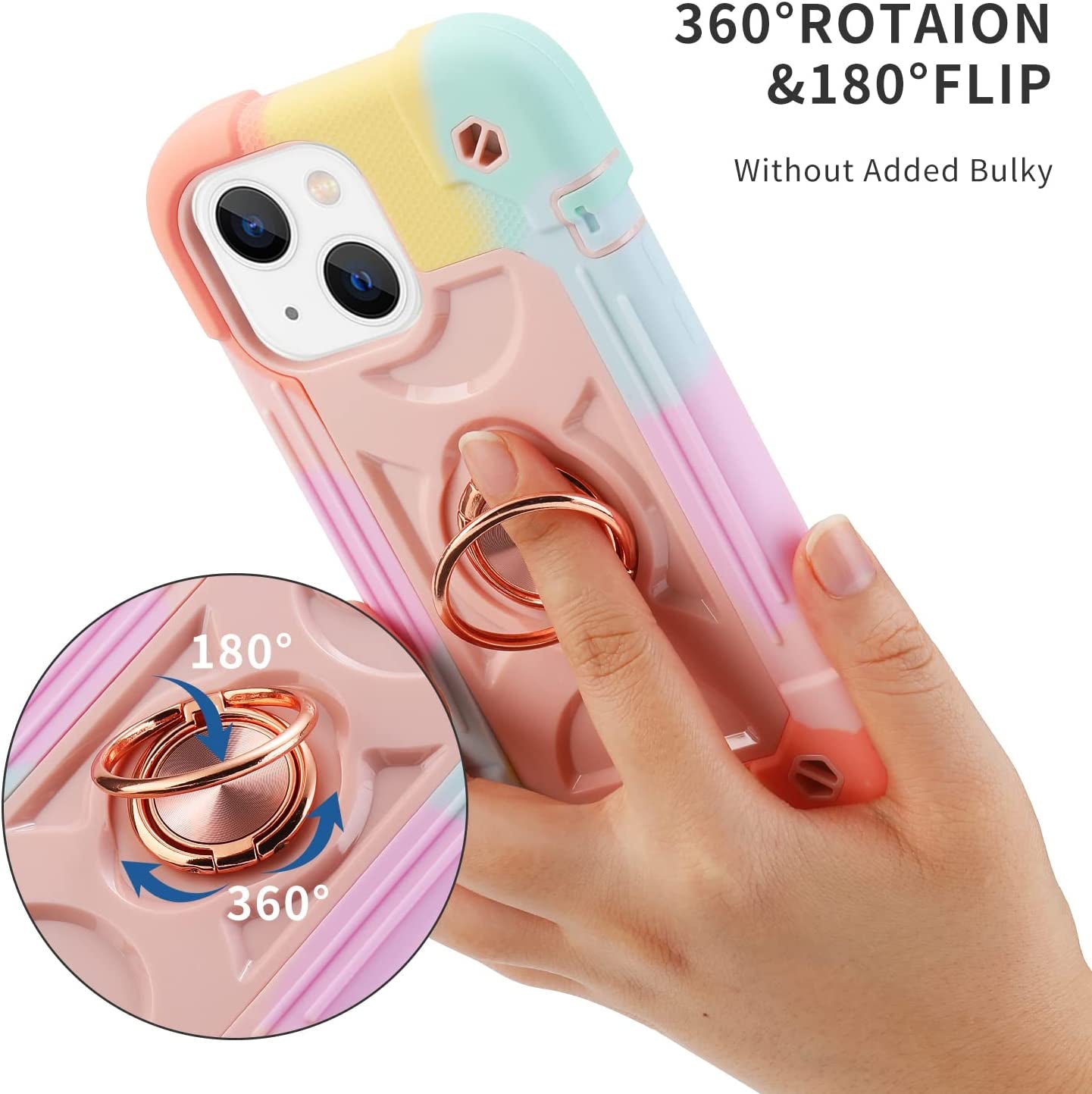 Cookiver for Iphone 14 Case/Iphone 13 Case 6.1 Inch with Ring Stand, with 2 Pack Glass Screen Protector + 1 Pack Camera Lens Protector,Heavy-Duty Shockproof Military Grade Rugged Cover (Rainbow Pink)  Cookiver   