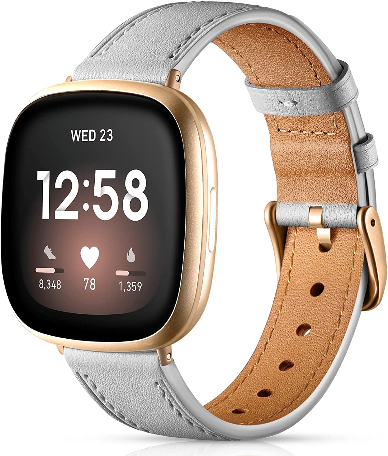 Maledan Compatible with Fitbit Sense/Fitbit Versa 3 Bands for Women Men, Soft Genuine Leather Band Slim Strap Replacement Accessory Wristband for Fitbit Versa 3/Versa 4/Sense 2/Sense Smartwatch, Pink  Maledan LightGray  