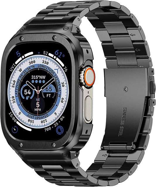 Miohhr Stainless Steel Band and Case Compatible Apple Watch Bands 49Mm, Men Metal Strap and Protective Bumper Cover for Iwatch Ultra (Black,49Mm)  MioHHR   