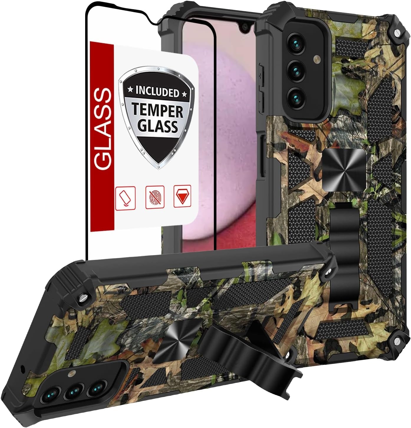 Cover for Galaxy A54 5G Case,Samsung A54 5G Case W/Tempered Glass Screen Protector(Full Coverage) Dual Layer Shockproof [Military-Grade][Built-In Kickstand] Protective Cover for Man White Black Camo  YOOBSTAR T Stand Camo Tree  