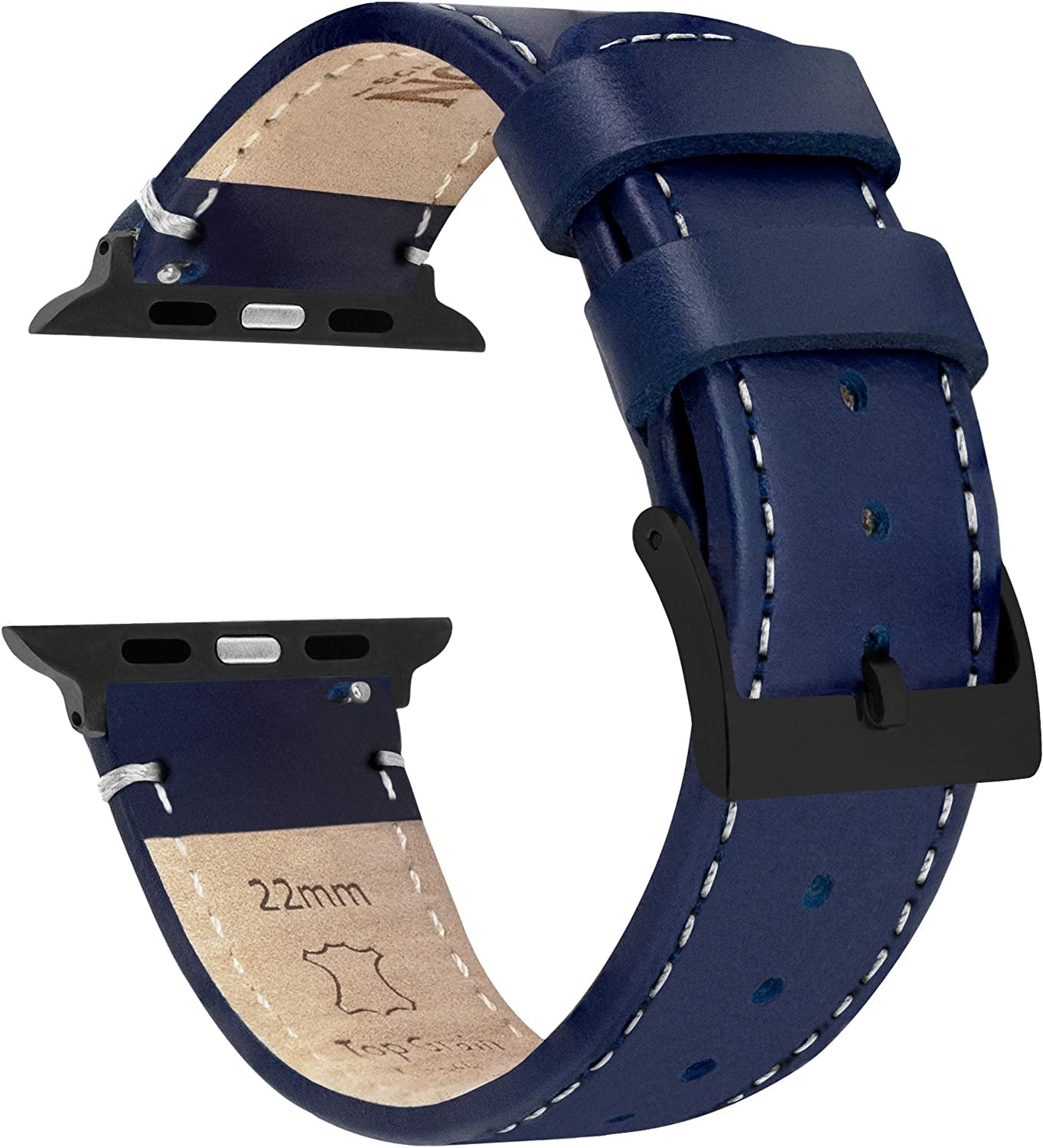 BARTON Top Grain Leather Watch Bands Compatible with All Apple Watch Models - Series 8, 7, 6, 5, 4, 3, 2, 1, SE & Ultra - Size 38Mm, 40Mm, 41Mm, 42Mm, 44Mm, 45Mm or 49Mm  Barton Watch Bands Navy Blue Leather / White Stitching (Black Hardware) Large Apple Watch (42mm/44mm/45mm/49mm) 