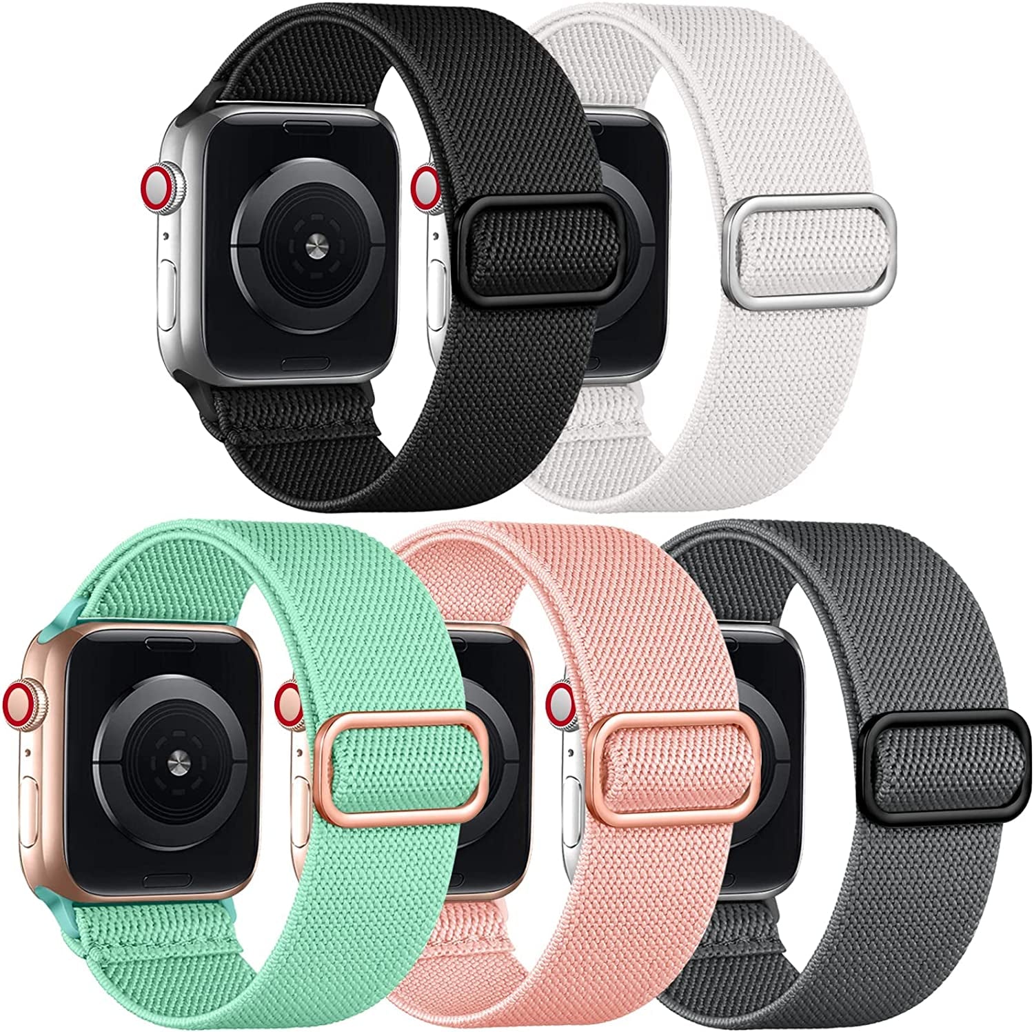 Adorve 5 Pack Stretchy Solo Loop Bands Compatible with Apple Watch Ultral Band 38Mm 40Mm 42Mm 44Mm 41Mm 45Mm 49Mm for Women Men, Soft Nylon Elastic Braided Strap for Iwatch SE Series 8/7/6/5/4/3/2/1  Adorve Black/White/Gray/Pink/Mint Green 38mm/40mm/41mm 