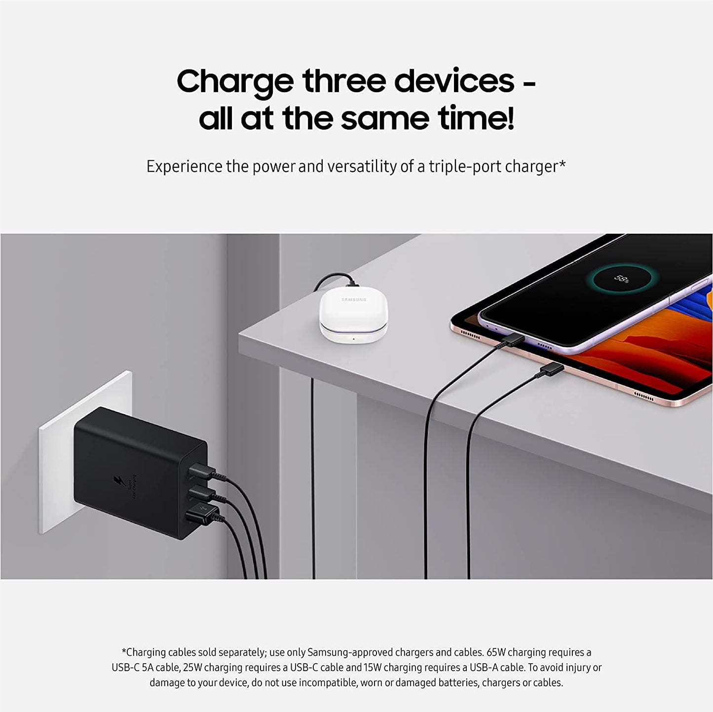 Samsung 65W 3-Port Super Fast Charging Wall Charger, 1X USB-C 65W, 1X USB-C 25W, 1X USB-A 25W, Max Capacity 65W (Cable Not Included), Black, US Version  Samsung   