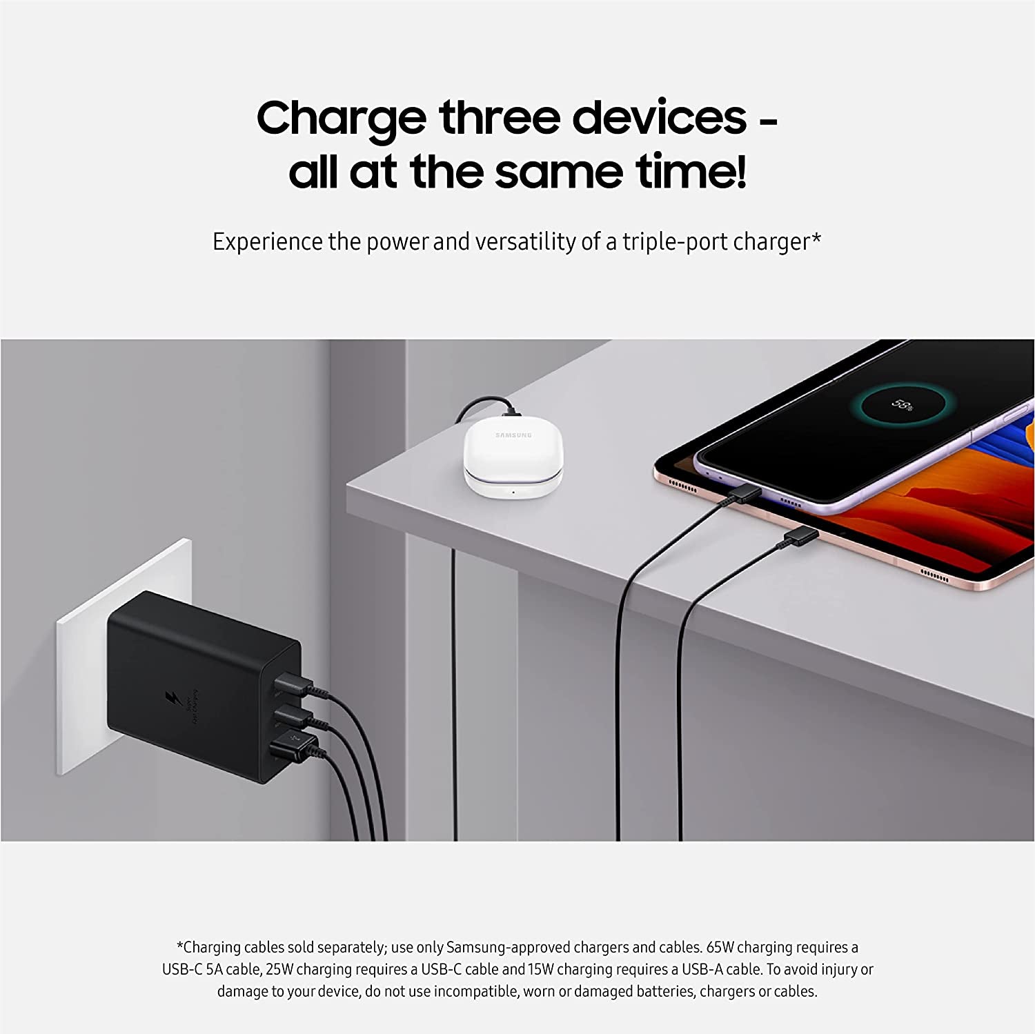 Samsung 65W 3-Port Super Fast Charging Wall Charger, 1X USB-C 65W, 1X USB-C 25W, 1X USB-A 25W, Max Capacity 65W (Cable Not Included), Black, US Version  Samsung   