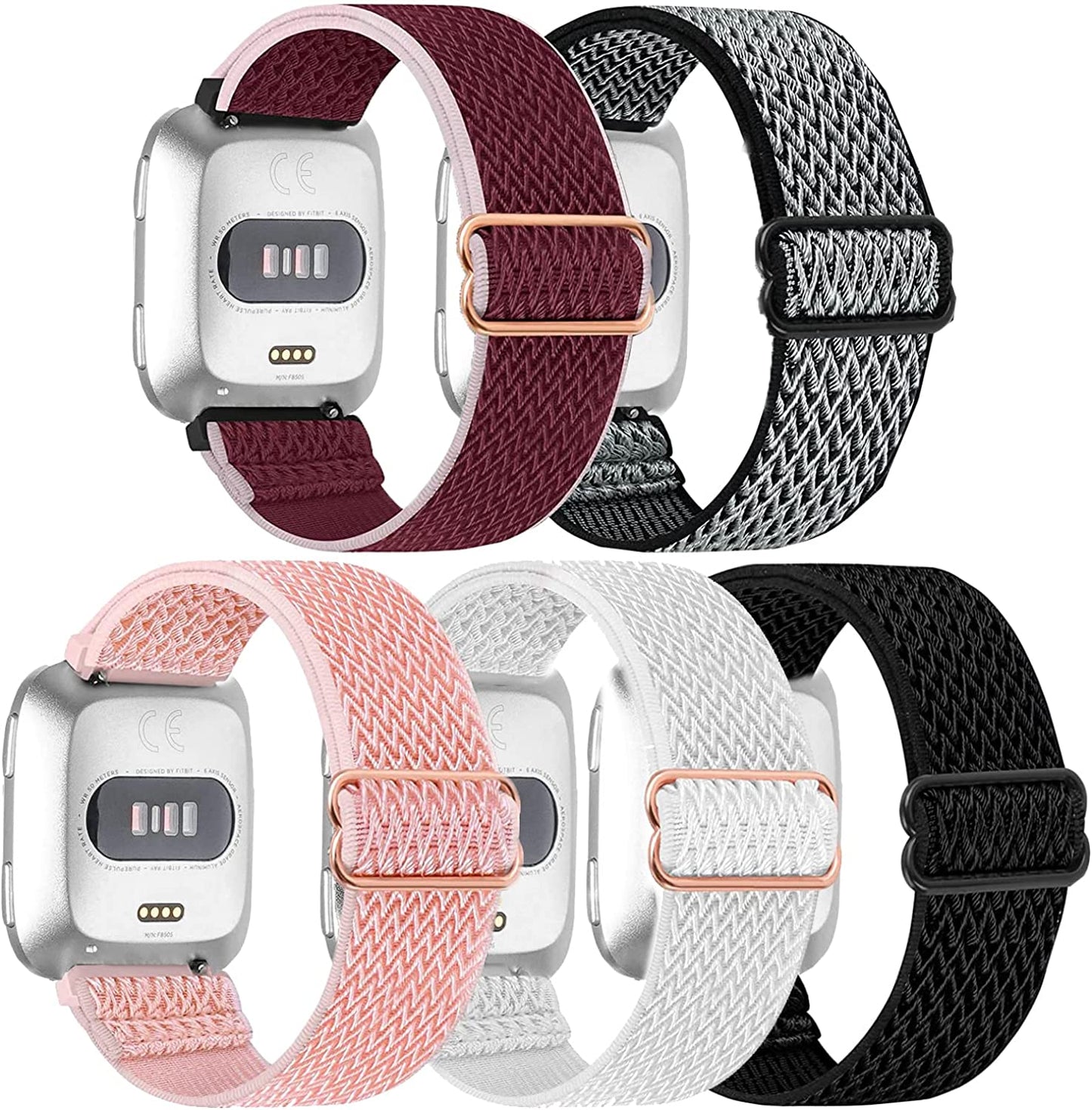 5 Pack Elastic Nylon Bands Compatible with Fitbit Versa/Versa 2 / Versa Lite/Versa SE for Women Men, Adjustable Breathable Fabric Sport Elastic Wristband for Fitbit Versa Smart Watch  GLMDKAI Combination 1  