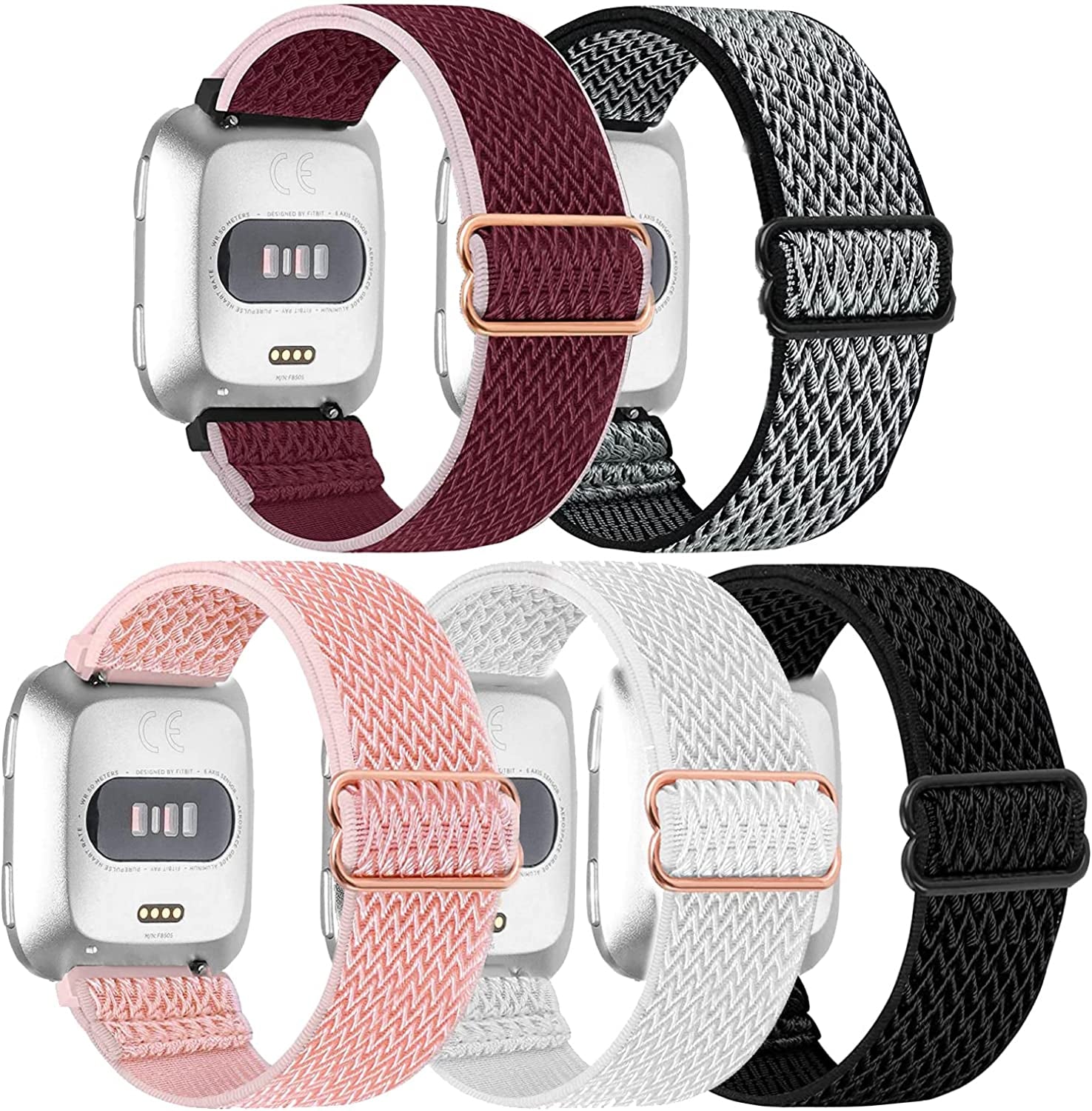 5 Pack Elastic Nylon Bands Compatible with Fitbit Versa/Versa 2 / Versa Lite/Versa SE for Women Men, Adjustable Breathable Fabric Sport Elastic Wristband for Fitbit Versa Smart Watch  GLMDKAI Combination 1  