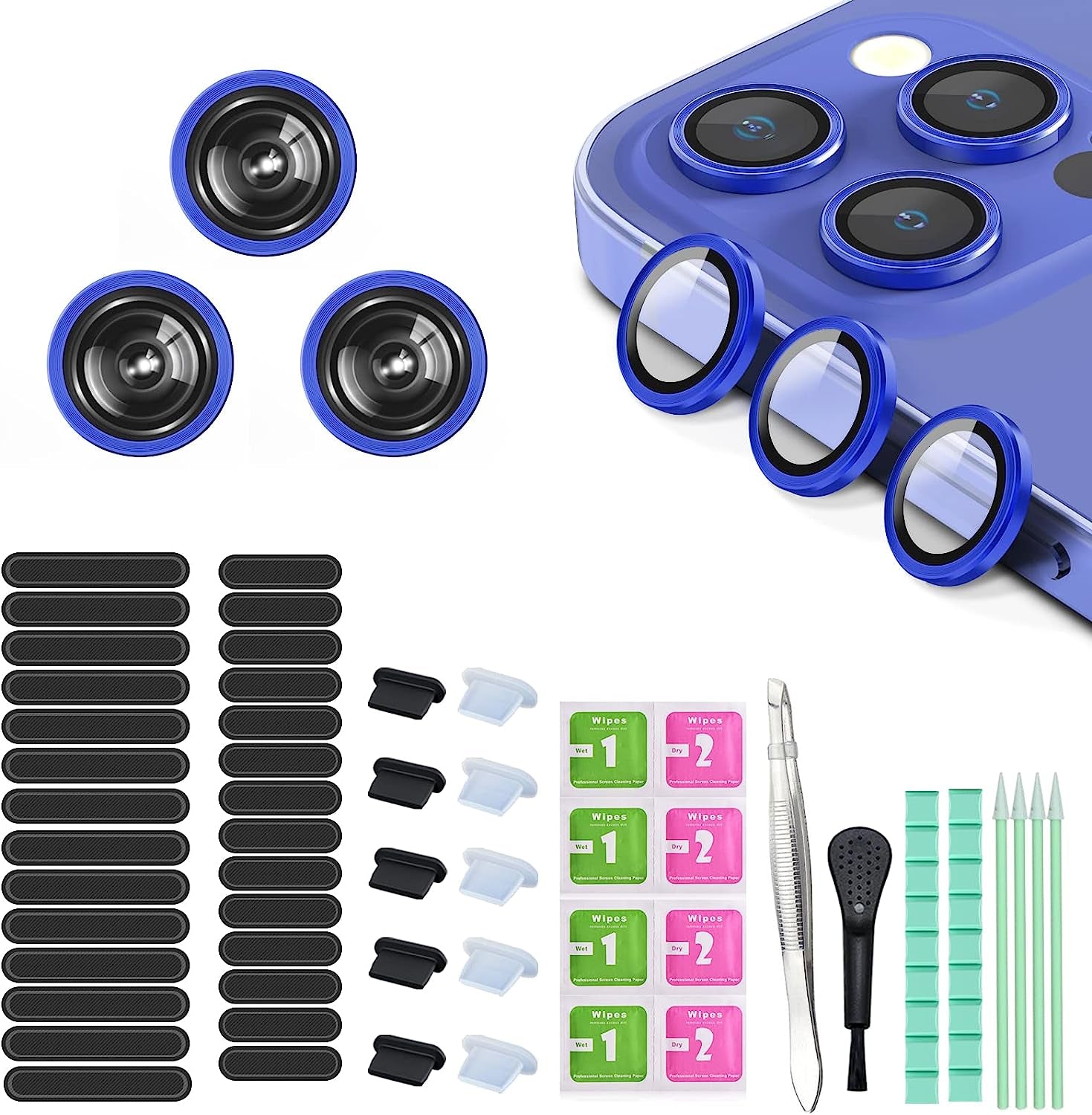 16 PCS Iphone Metal Speaker Dust Cover (8PCS Black and 8PCS Silver) 2PCS Iphone Metal Dust Plug 10PCS Silicone Dust Plugs,With Cleaning Tools Compatible Iphone 12/13 /14 Pro/Pro Max/Iphone Series  Pohgelan sea blue iphone 12Pro 