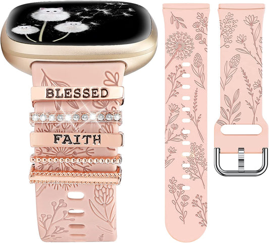 Minyee Decorative Ring Loop Compatible with Fitbit Versa 4/Versa 3/Sense 2/Sense Band Women, Cute Soft Silicone Dandelion Flower Pattern Sport Designer Fancy Summer Strap for Versa 4 (With Band)  Minyee   