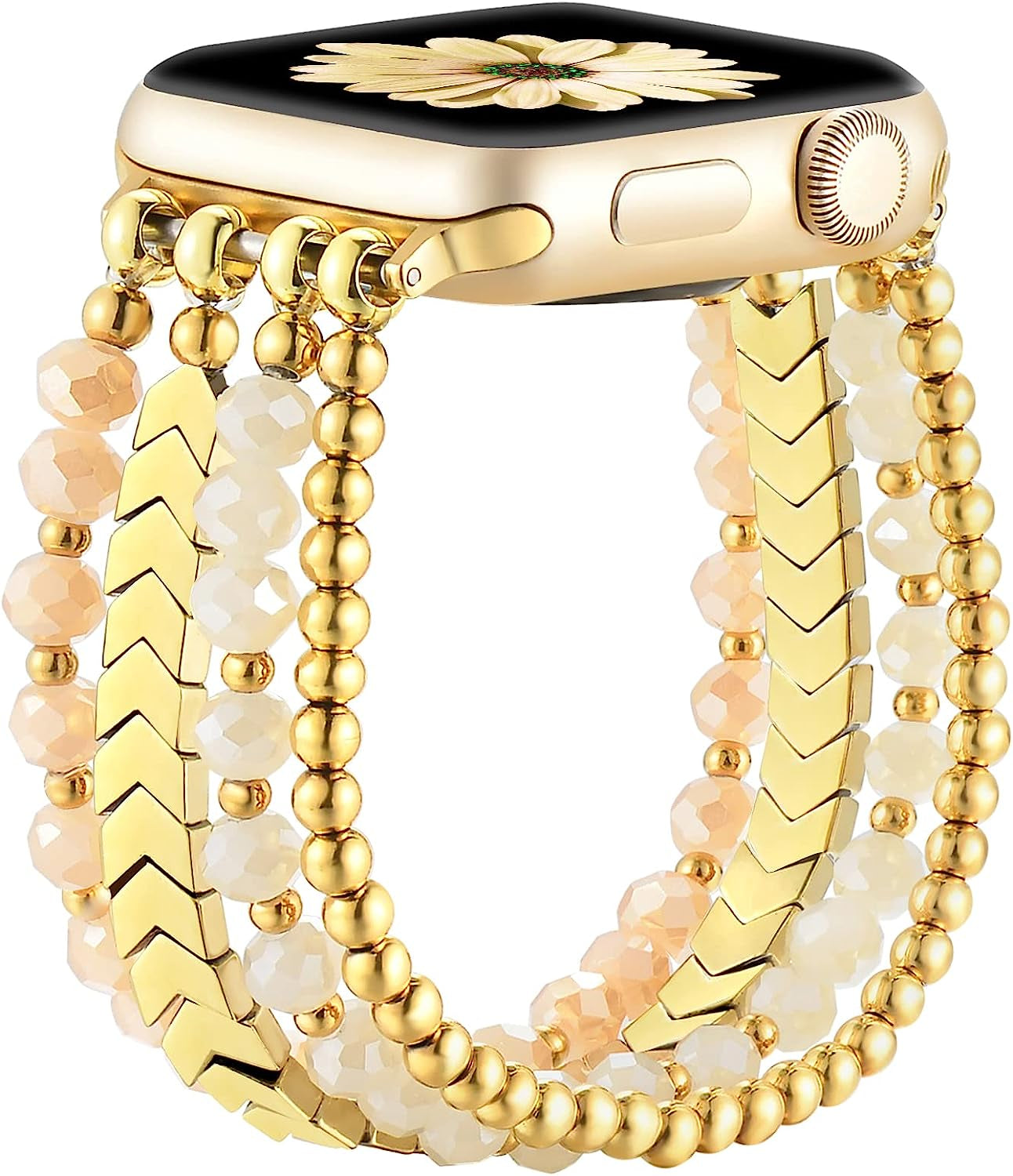 Fastgo Bracelet Band Beaded Compatible with Apple Watch 38Mm 40Mm 41Mm 42Mm 44Mm 45Mm 49Mm Women, Fashion Elastic Stretch Strap Bands for Iwatch SE &Series Ultra 8 7 6 5 4 3 2 1(Black/Sliver/Grey,S/M)  fastgo Gold 38mm/40mm/41mm-S/M(5.5”-6.0”) 