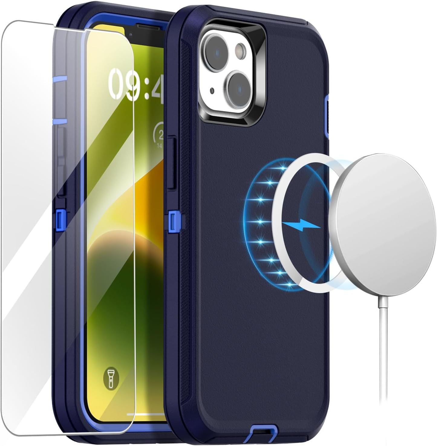Aicase Magnetic Case for Iphone 14 Plus,Support Magnetic Car Mount Heavy Duty 2-Layer Pocket-Friendly Durable Military Grade Protection Shockproof/Dropproof Protective Cover for Iphone 14 plus 6.7"_1  AICase Navy With Magsafe+Glass Protector  