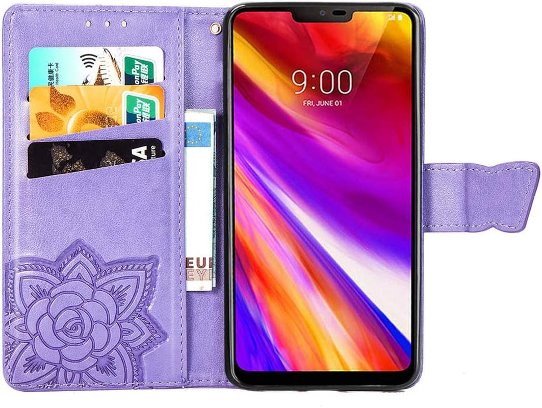 LEECOCO LG G7 Thinq Case Premium PU Leather Flip Wallet Case Butterfly Embossed Full Body Protection Flip Stand Card Holder Magnetic Cover for LG G7 Thinq/Lg G7 One Big Butterfly Light Purple SD  LEECOCOO   