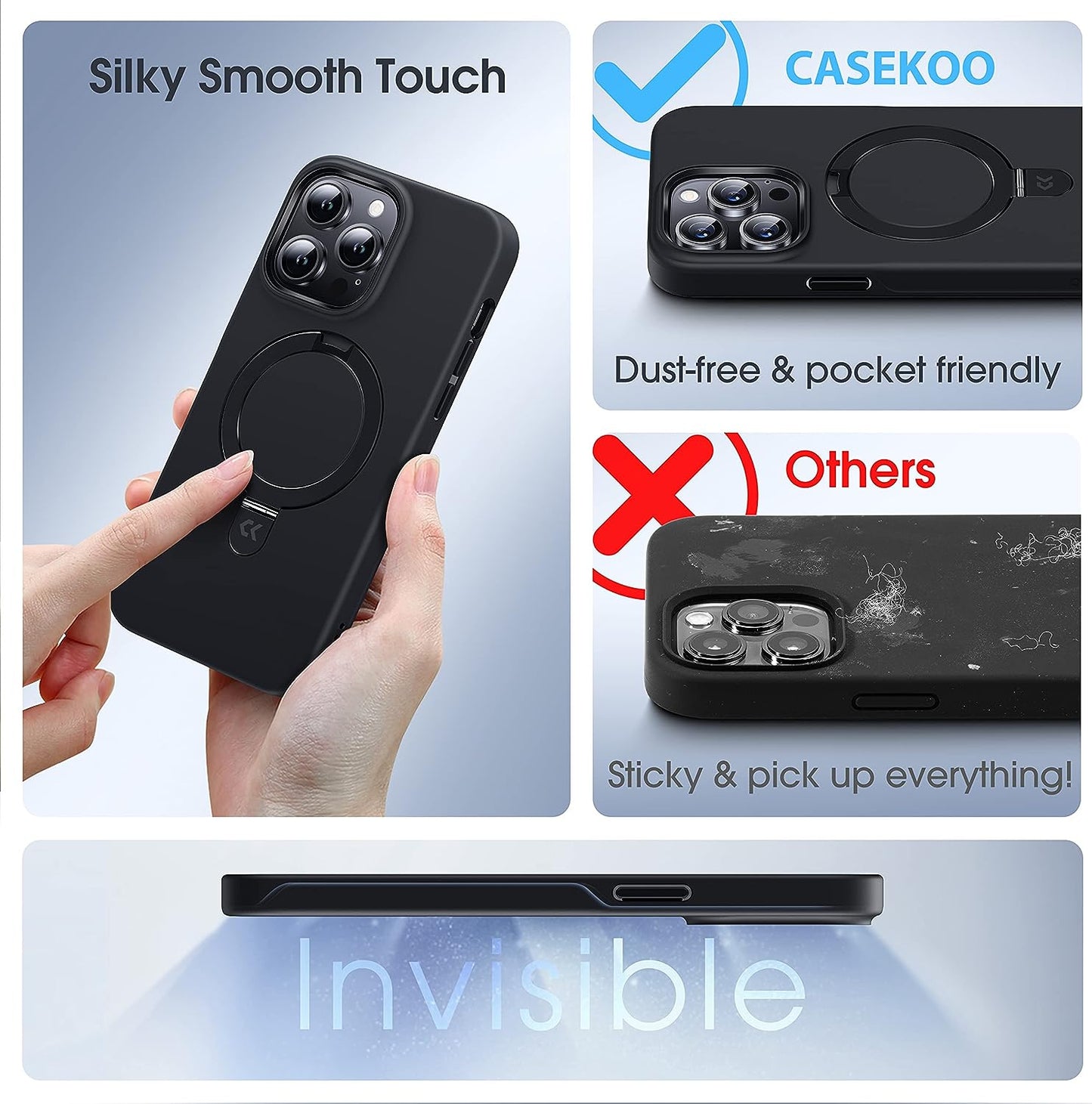CASEKOO Magnetic for Iphone 14 Pro Max Case with Invisible Stand [Compatible with Magsafe] [Dust-Free Antistatic Silicone] Mil-Grade Protective Non-Slip Phone Cover Cases for Women Men 6.7 Inch, Black  CASEKOO   