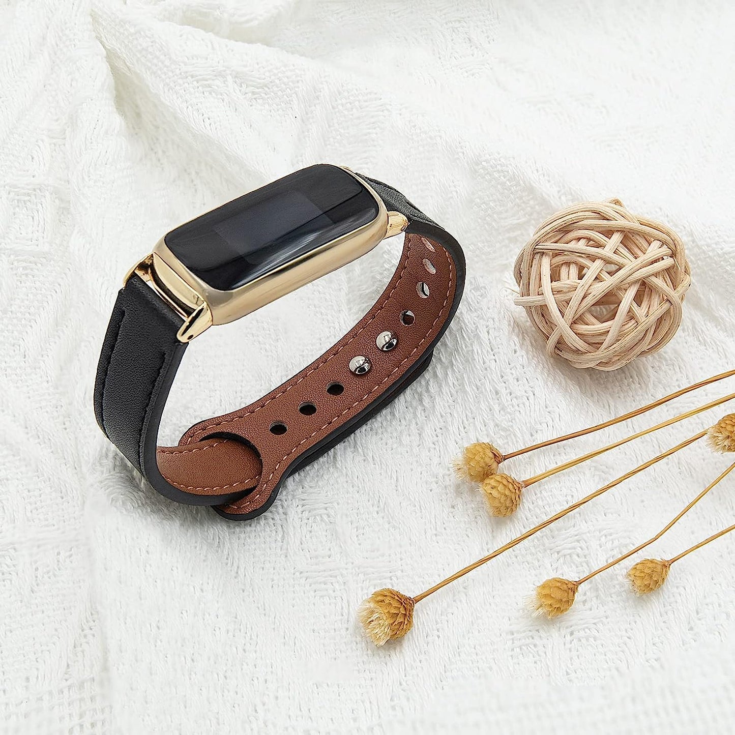 Wizvv Compatible with Fitbit Luxe Bands for Women, Elegant Slim Soft Leather Strap Wristband Bracelet Replacement for Fitbit Luxe Fitness Tracker (Black+Gold)  Wizvv   
