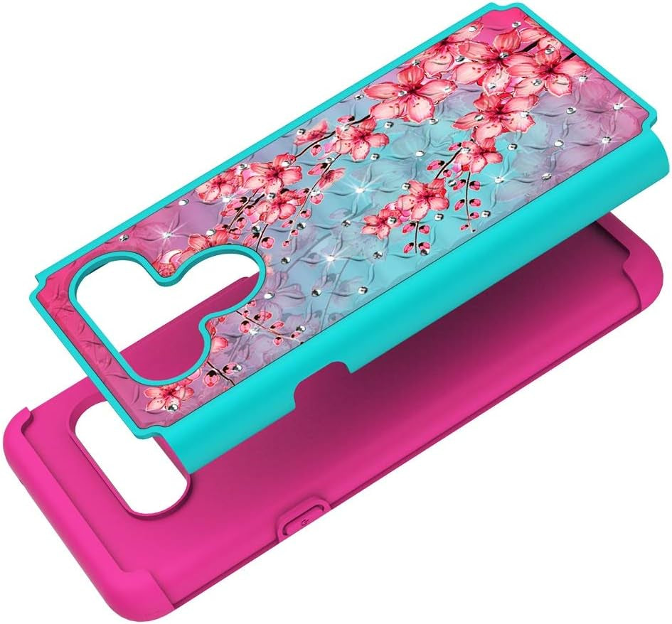 Zase Compatible with LG V40 Thinq Phone Case Hybrid Dual Layer Protection Jewel Studded Rhinestone Shockproof Slim Hard Shell Sparkly Crystal Bling Diamond (Teal Pink Blossom)  Zase   