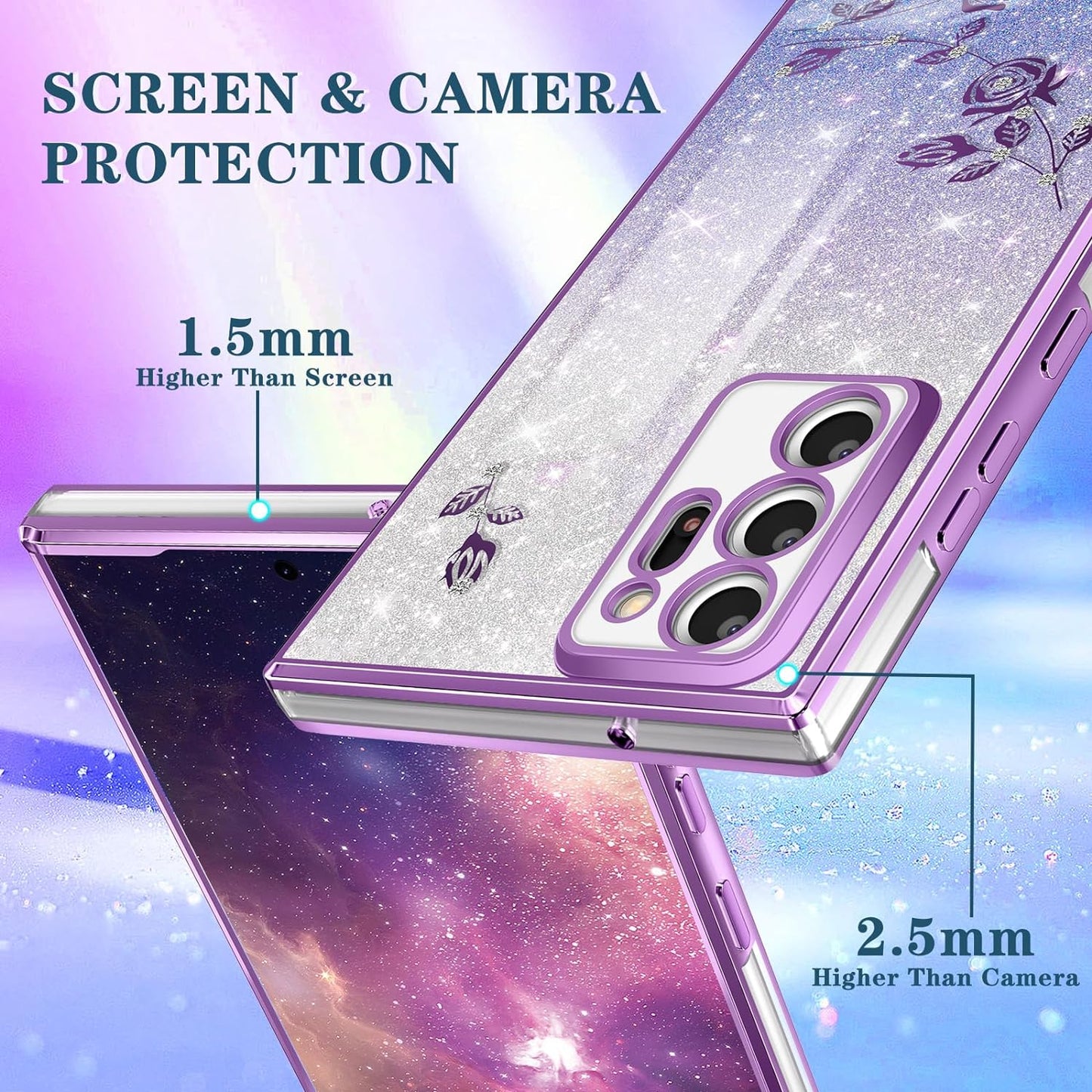 Coralogo (3In1 for Samsung Galaxy Note 20 Ultra Case Glitter Sparkly for Women Girls Bling Shiny Phone Cover Cute Flowers Floral Design with Ring Pretty Purple Cases for Galaxy Note 20 Ultra 5G 6.9''  Coralogo   