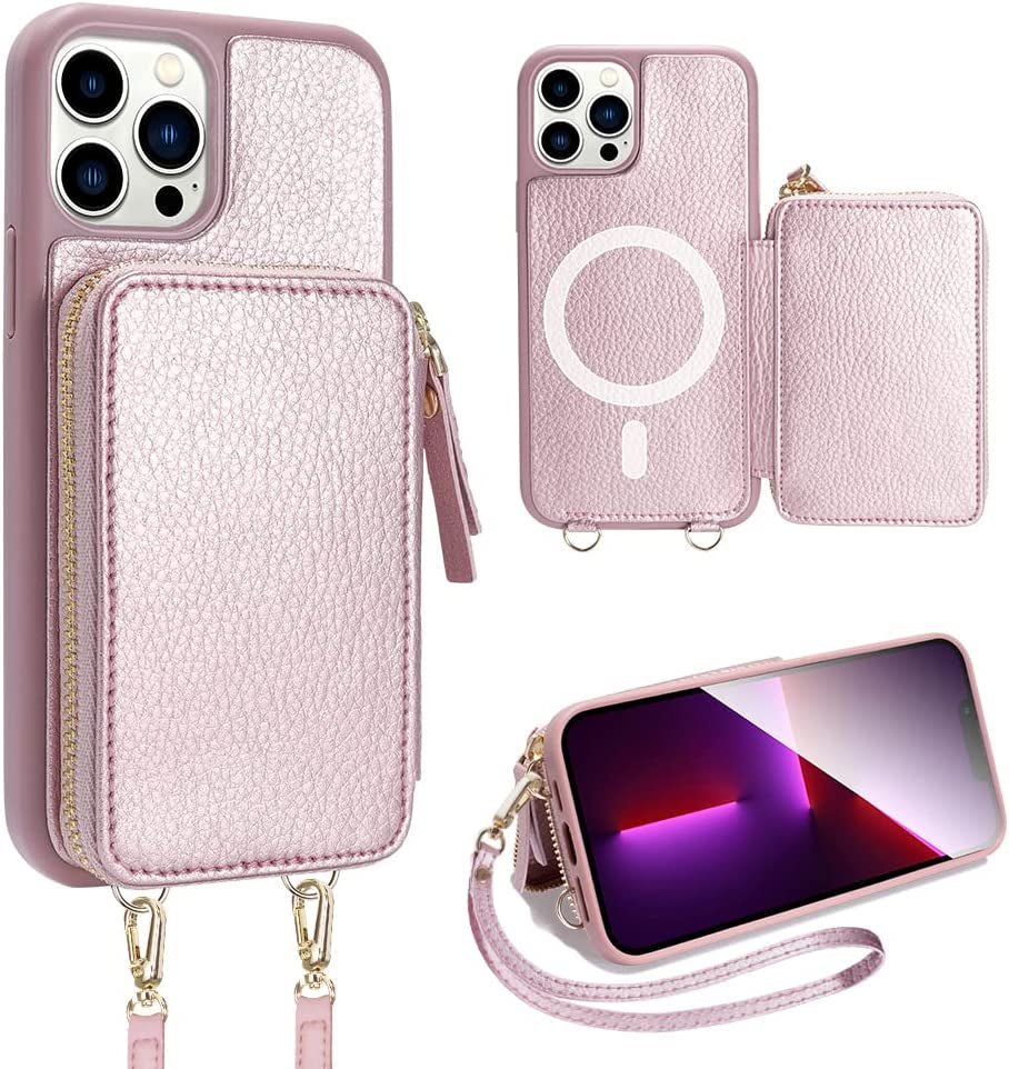 ZVE Iphone 14 Pro Crossbody Wallet Case Magsafe, Phone Case with RFID Blocking Card Holder Wrist Strap for Women, Zipper Leather Cover for Iphone 14 Pro, 6.1"-Black  ZVE Rose Gold iPhone 13 Pro Max 
