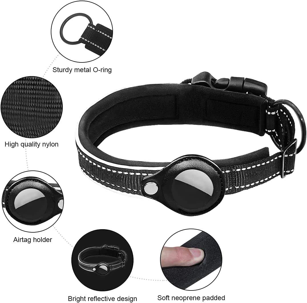 DERLOW Dog Collar with Airtag Case, Reflective Soft Neoprene Padded Breathable Nylon Pet Collar, Adjustable Airtag Dog Collar Holder for Small Medium Large Dogs, Black M  DERLOW   